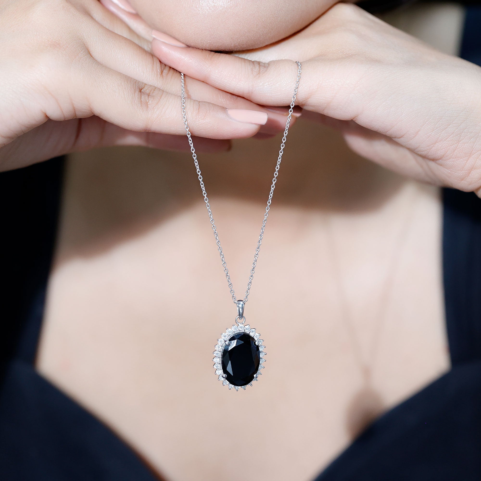 Certified 14 Carat Oval Lab Grown Black Diamond Cocktail Necklace With Silver Chain AAAA ( Synthetic ) 92.5 Sterling Silver - Rosec Jewels