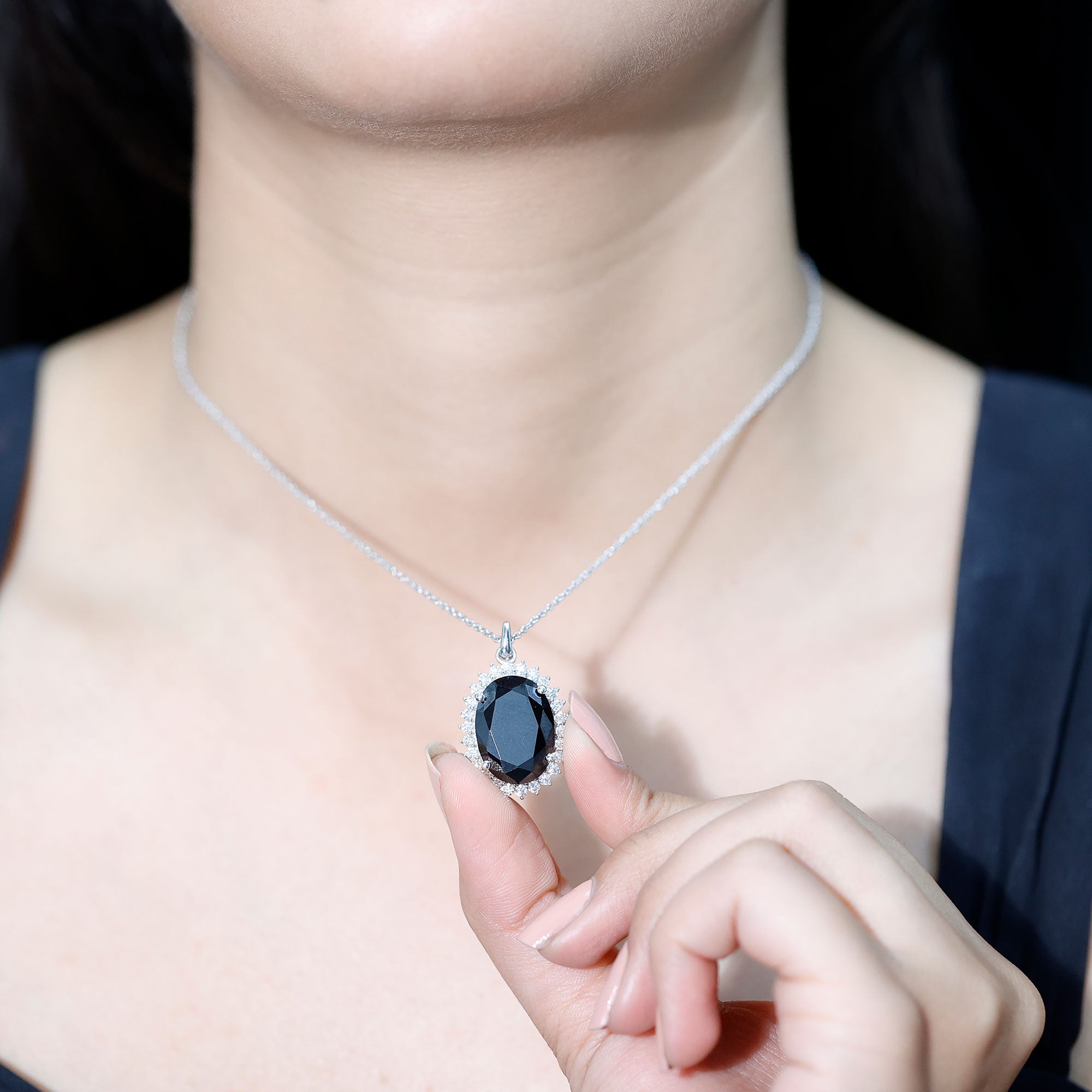 Certified 14 Carat Oval Lab Grown Black Diamond Cocktail Necklace With Silver Chain AAAA ( Synthetic ) 92.5 Sterling Silver - Rosec Jewels
