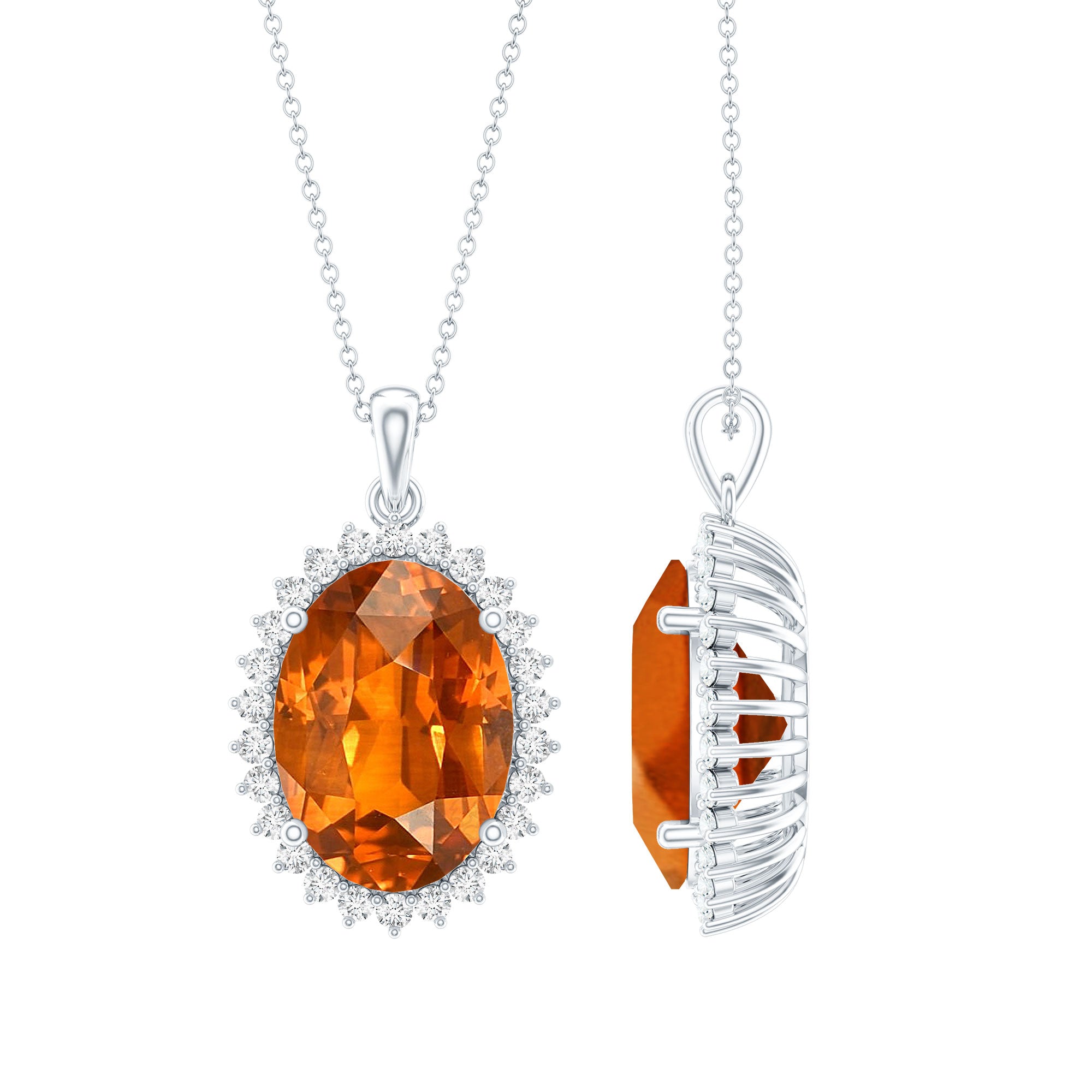 14 Carat Lab Grown Orange Sapphire Statement Necklace With Silver Chain AAAA 92.5 Sterling Silver - Rosec Jewels