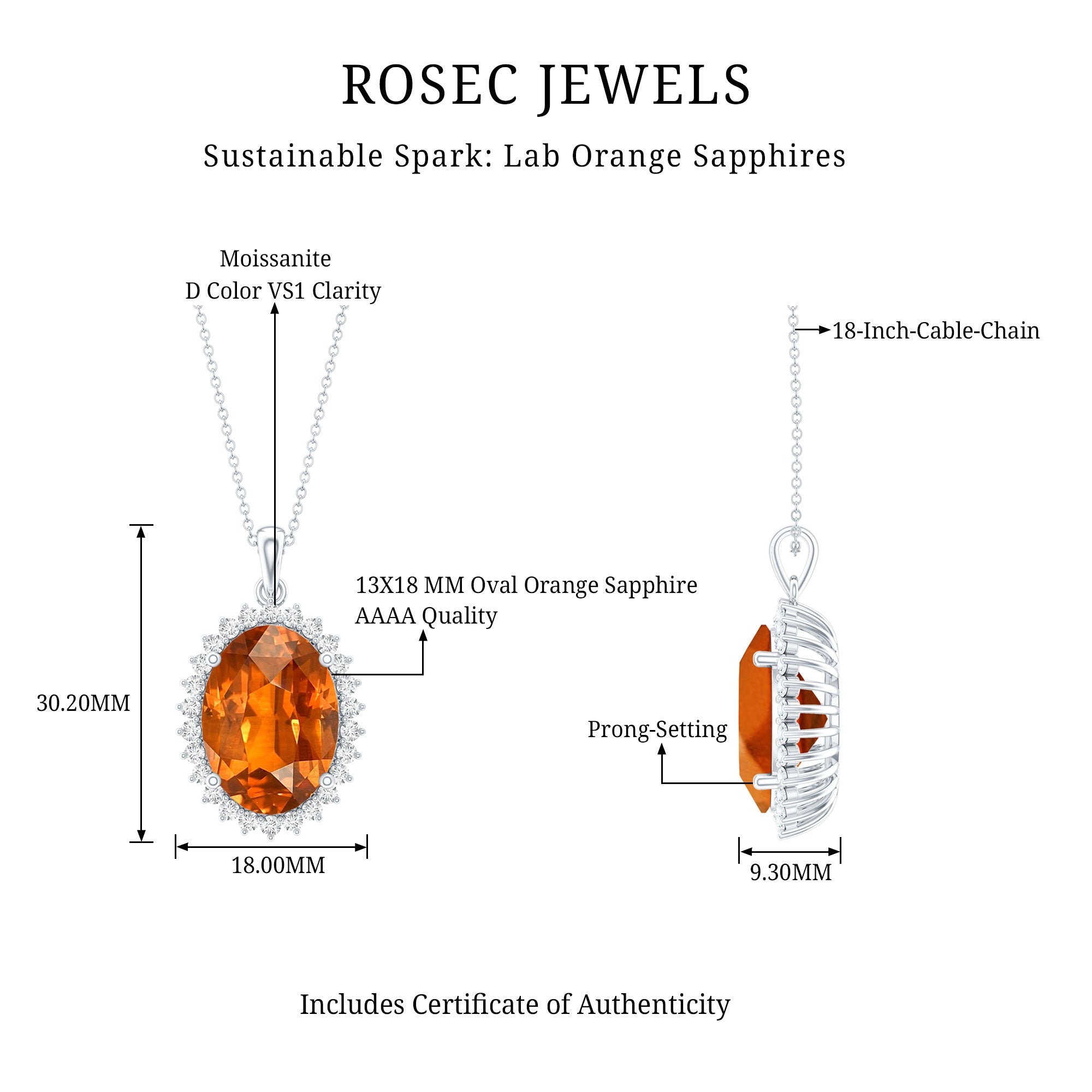 14 Carat Lab Grown Orange Sapphire Statement Necklace With Silver Chain AAAA 92.5 Sterling Silver - Rosec Jewels