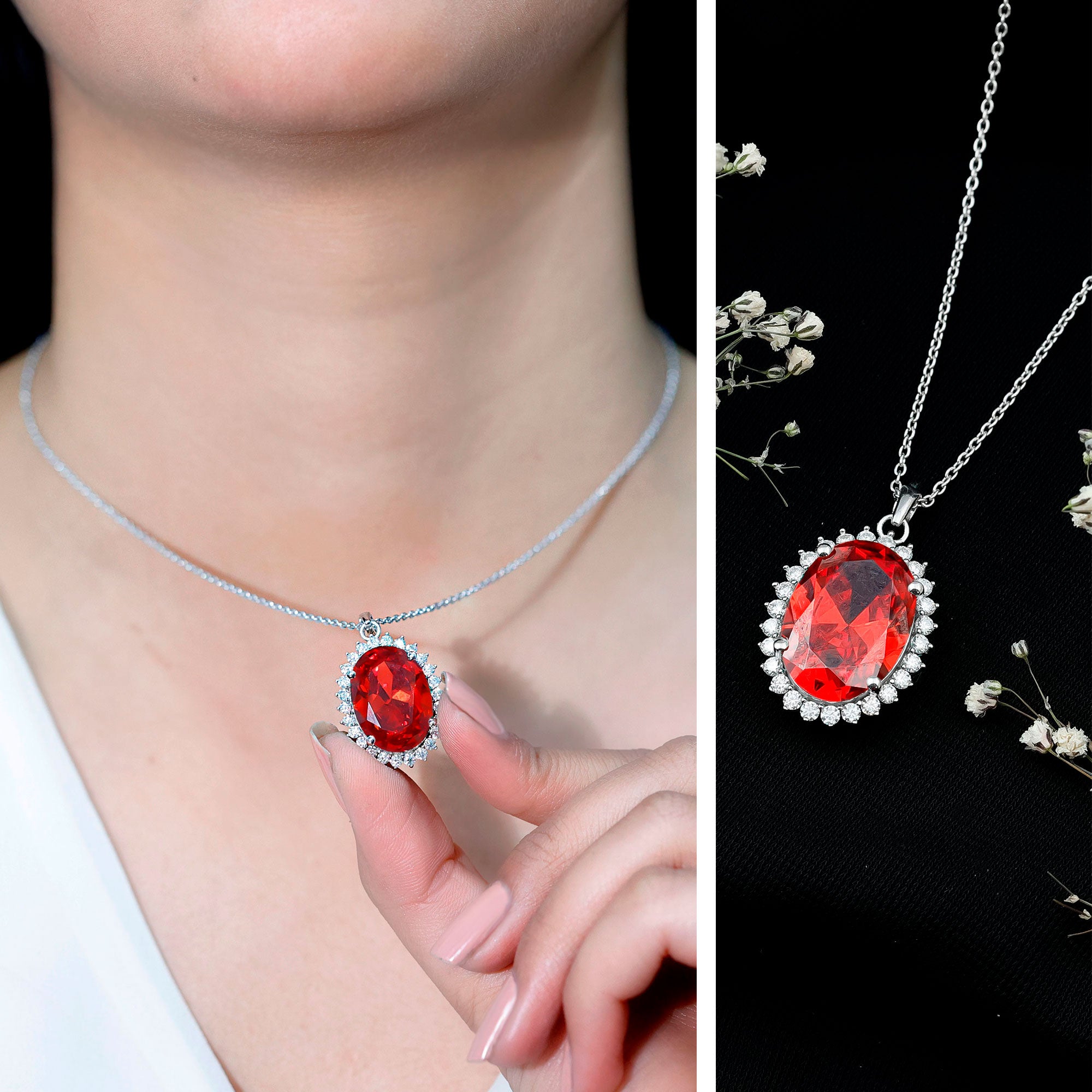14 Carat Lab Grown Orange Sapphire Statement Necklace With Silver Chain AAAA 92.5 Sterling Silver - Rosec Jewels