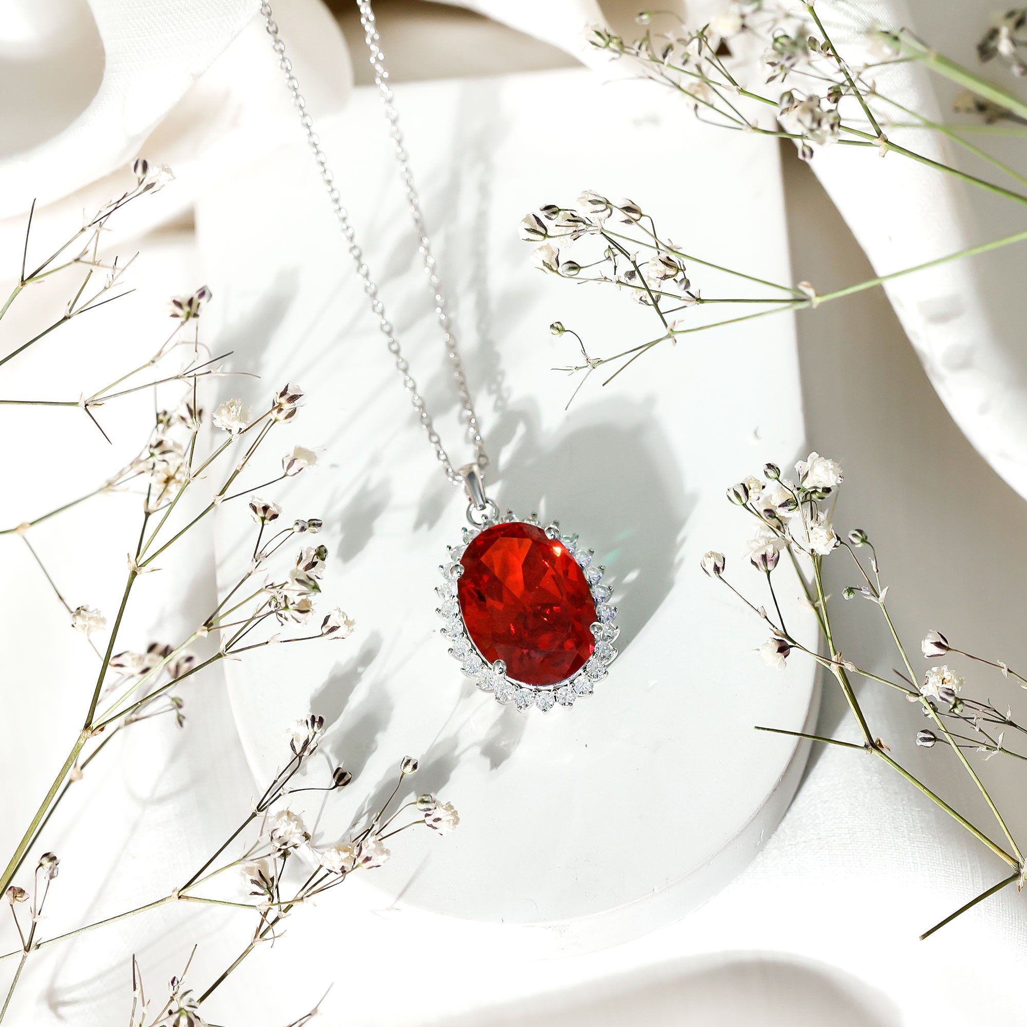 14 Carat Lab Grown Orange Sapphire Statement Necklace With Silver Chain AAAA 92.5 Sterling Silver - Rosec Jewels