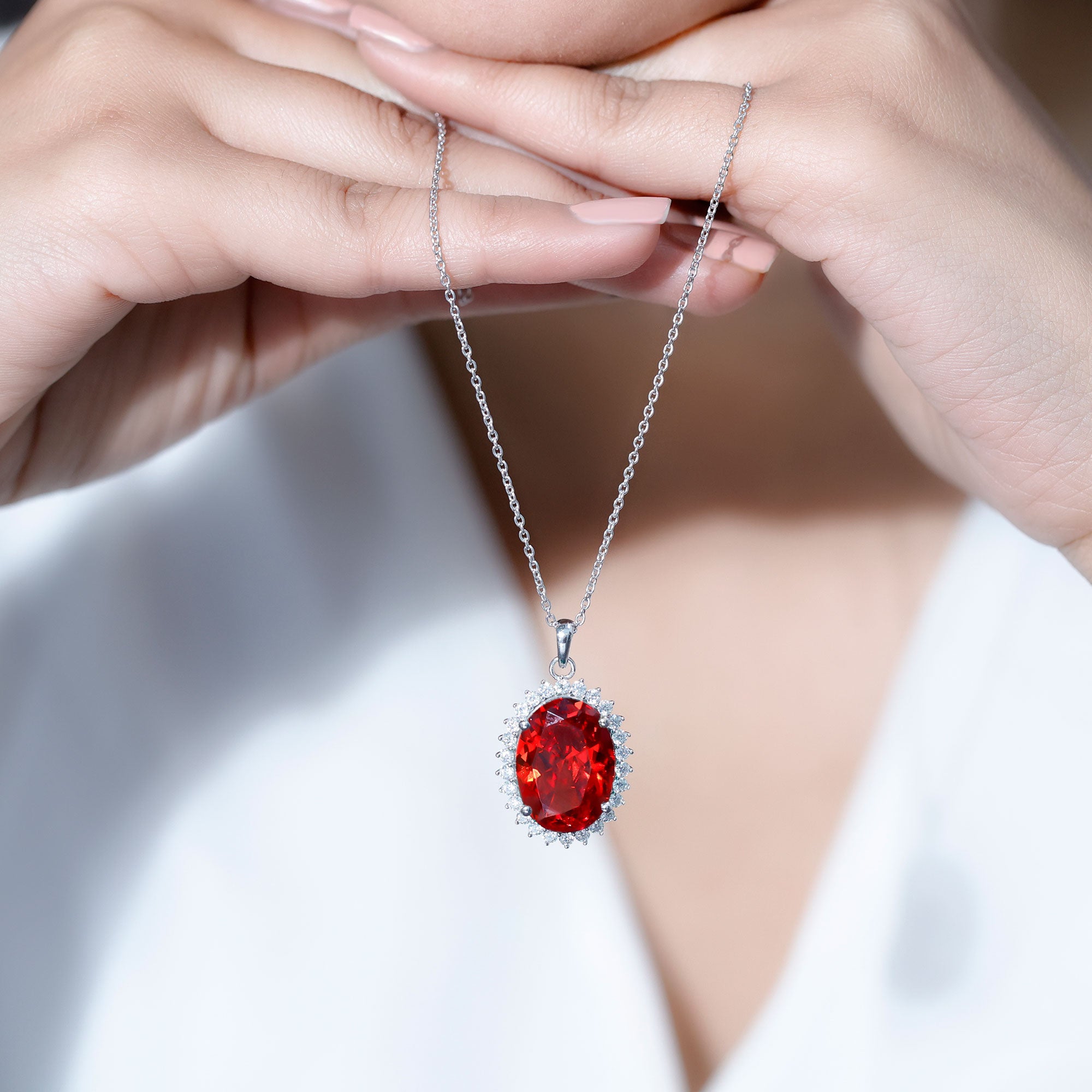 14 Carat Lab Grown Orange Sapphire Statement Necklace With Silver Chain AAAA 92.5 Sterling Silver - Rosec Jewels