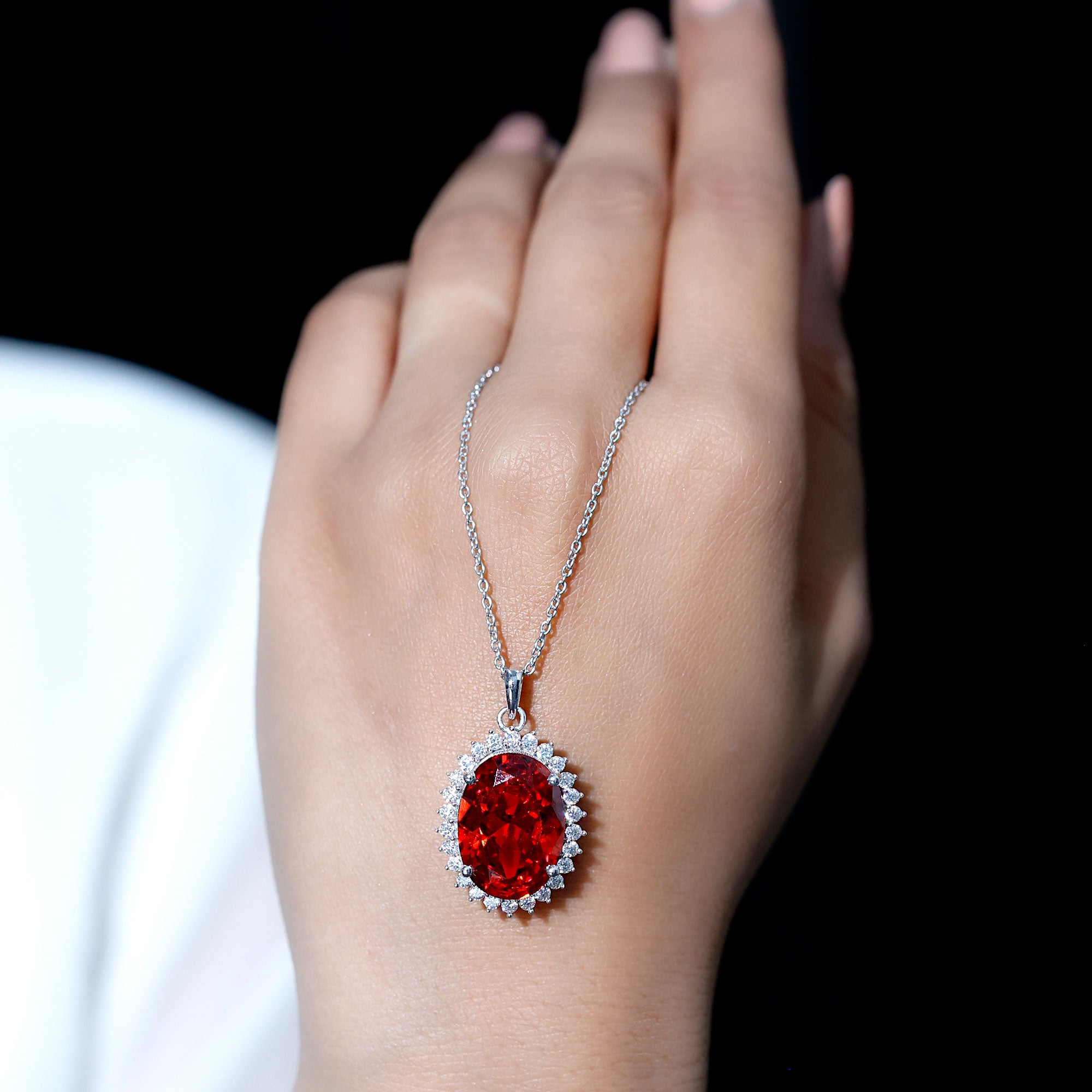 14 Carat Lab Grown Orange Sapphire Statement Necklace With Silver Chain AAAA 92.5 Sterling Silver - Rosec Jewels