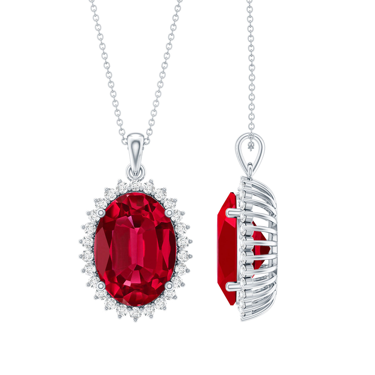 Sterling Silver 14 carat Lab Grown Ruby Oval Necklace with Halo AAAA 92.5 Sterling Silver - Rosec Jewels