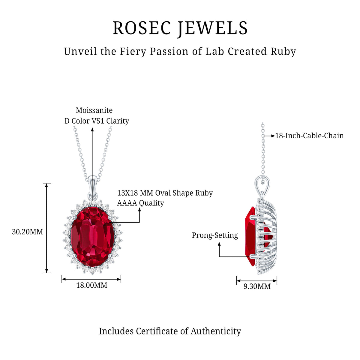 Sterling Silver 14 carat Lab Grown Ruby Oval Necklace with Halo AAAA 92.5 Sterling Silver - Rosec Jewels
