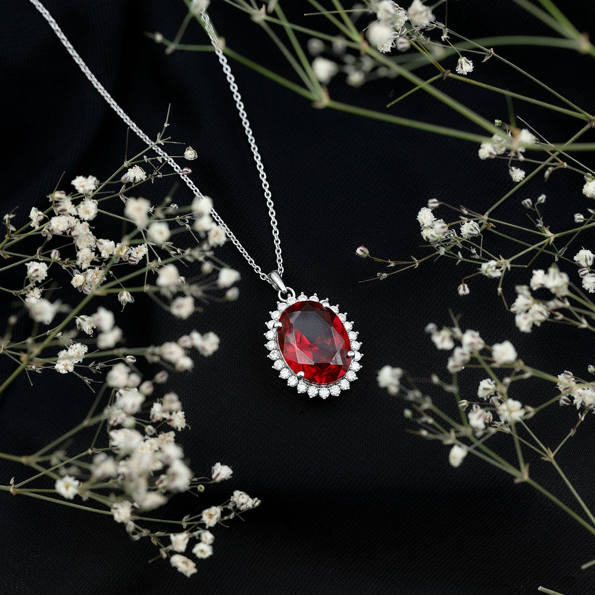 Sterling Silver 14 carat Lab Grown Ruby Oval Necklace with Halo AAAA 92.5 Sterling Silver - Rosec Jewels