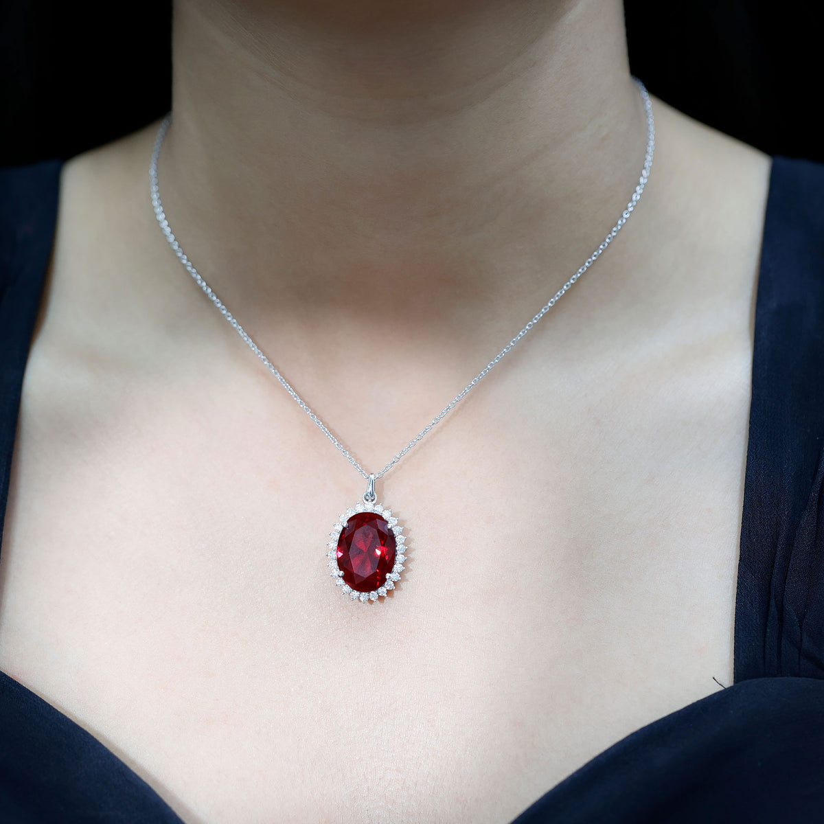 Sterling Silver 14 carat Lab Grown Ruby Oval Necklace with Halo AAAA 92.5 Sterling Silver - Rosec Jewels