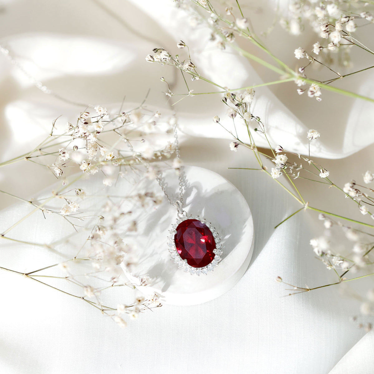Sterling Silver 14 carat Lab Grown Ruby Oval Necklace with Halo AAAA 92.5 Sterling Silver - Rosec Jewels