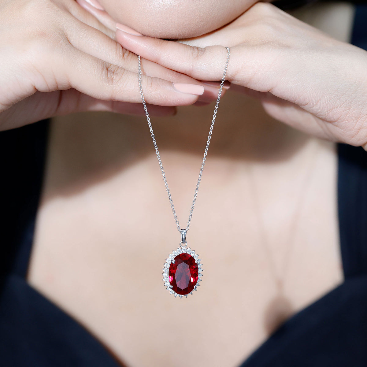 Sterling Silver 14 carat Lab Grown Ruby Oval Necklace with Halo AAAA 92.5 Sterling Silver - Rosec Jewels