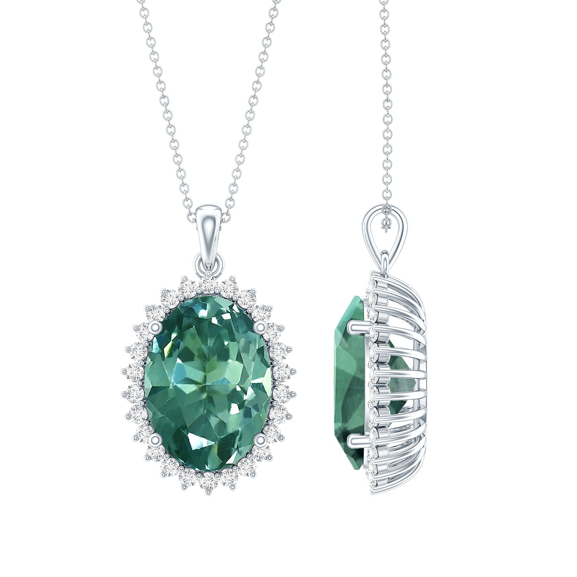 14 Carat Lab Grown Green Sapphire Statement Necklace with Silver Chain AAAA 92.5 Sterling Silver - Rosec Jewels