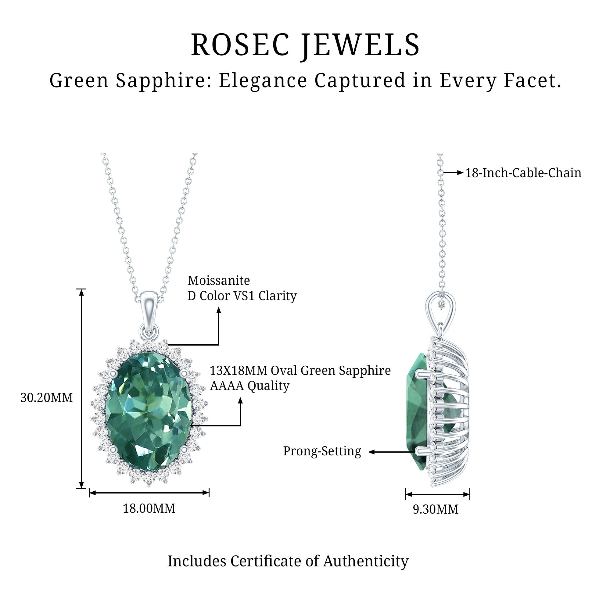 14 Carat Lab Grown Green Sapphire Statement Necklace with Silver Chain AAAA 92.5 Sterling Silver - Rosec Jewels
