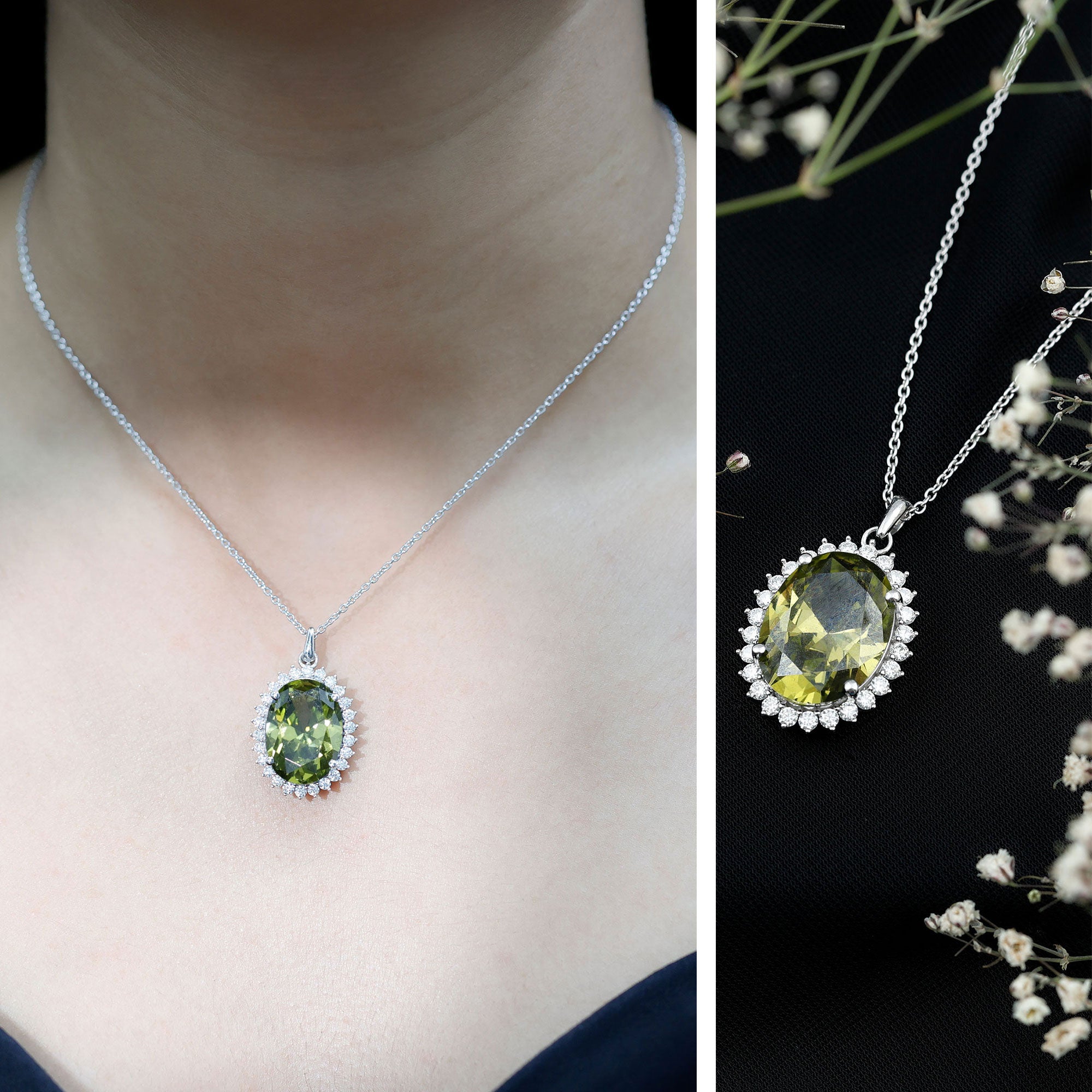 14 Carat Lab Grown Green Sapphire Statement Necklace with Silver Chain AAAA 92.5 Sterling Silver - Rosec Jewels