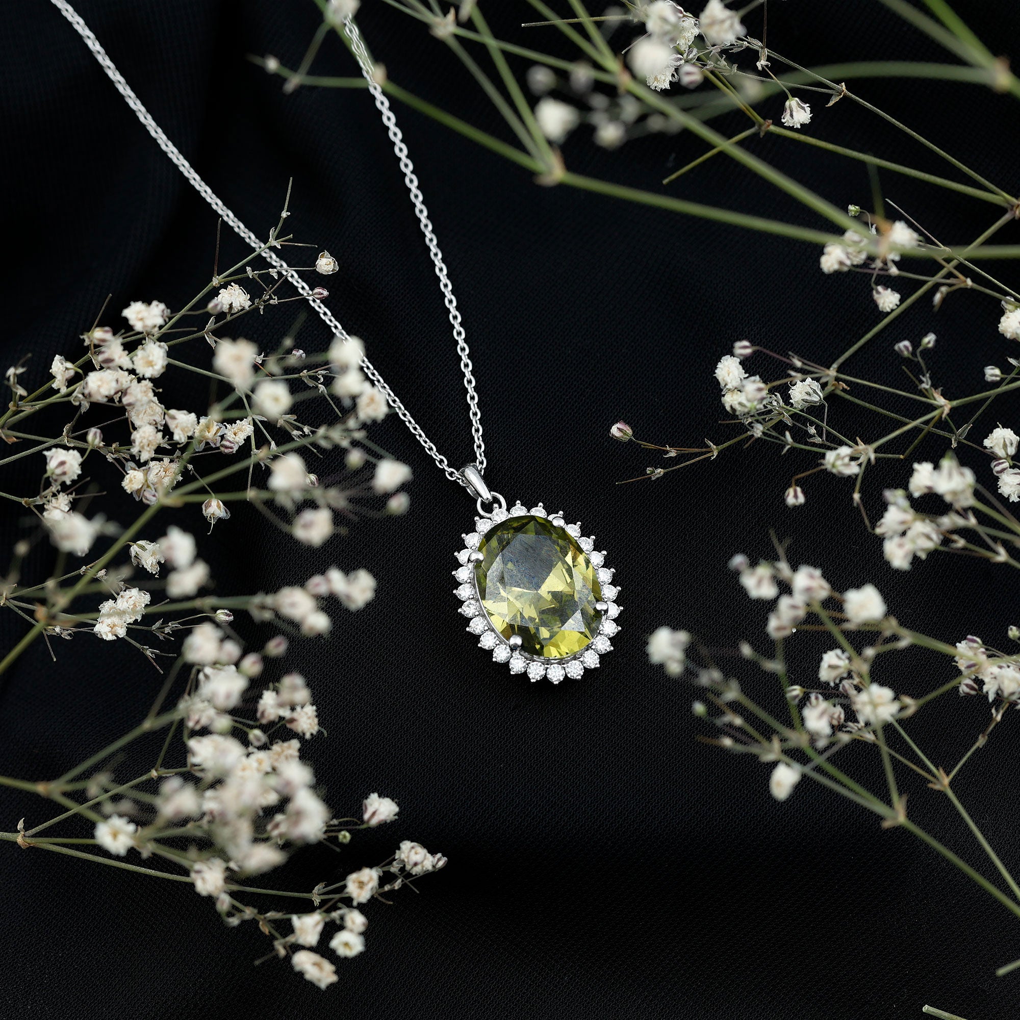 14 Carat Lab Grown Green Sapphire Statement Necklace with Silver Chain AAAA 92.5 Sterling Silver - Rosec Jewels