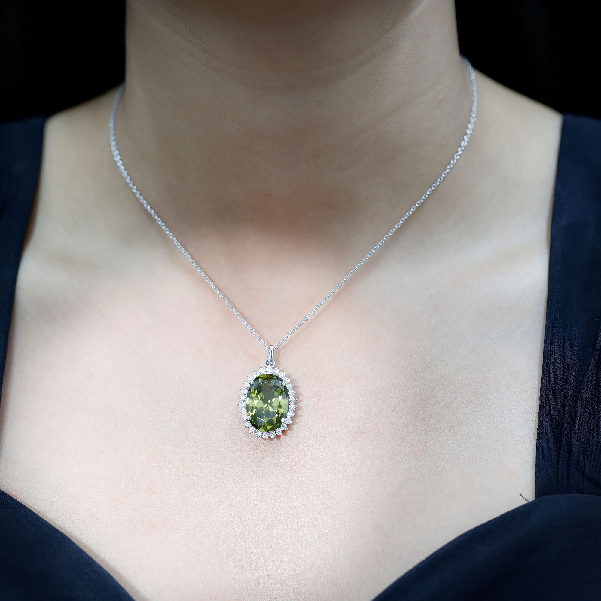 14 Carat Lab Grown Green Sapphire Statement Necklace with Silver Chain AAAA 92.5 Sterling Silver - Rosec Jewels