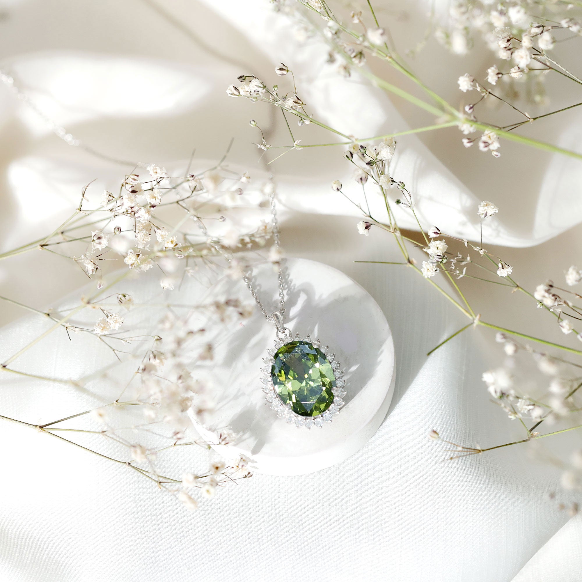 14 Carat Lab Grown Green Sapphire Statement Necklace with Silver Chain AAAA 92.5 Sterling Silver - Rosec Jewels
