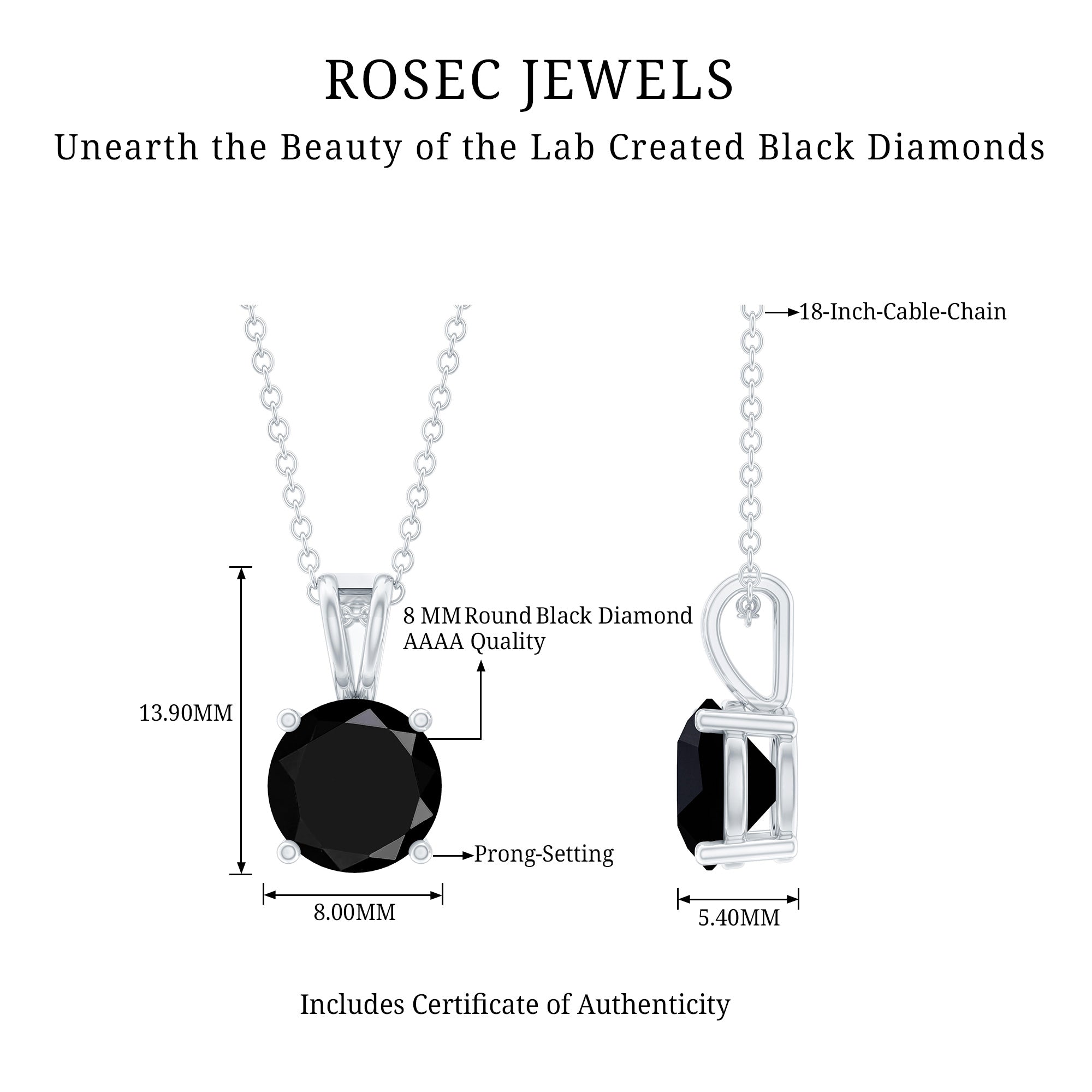 Certified 2 Carat Lab Created Black Diamond Solitaire Pendant Necklace AAAA ( Synthetic ) 92.5 Sterling Silver - Rosec Jewels