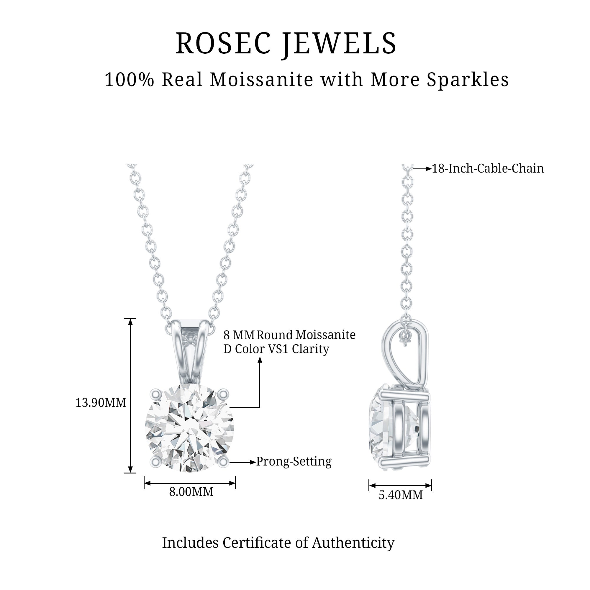 Certified 2 Carat Solitaire Moissanite Pendant Necklace with Silver Chain D-VS1 92.5 Sterling Silver - Rosec Jewels