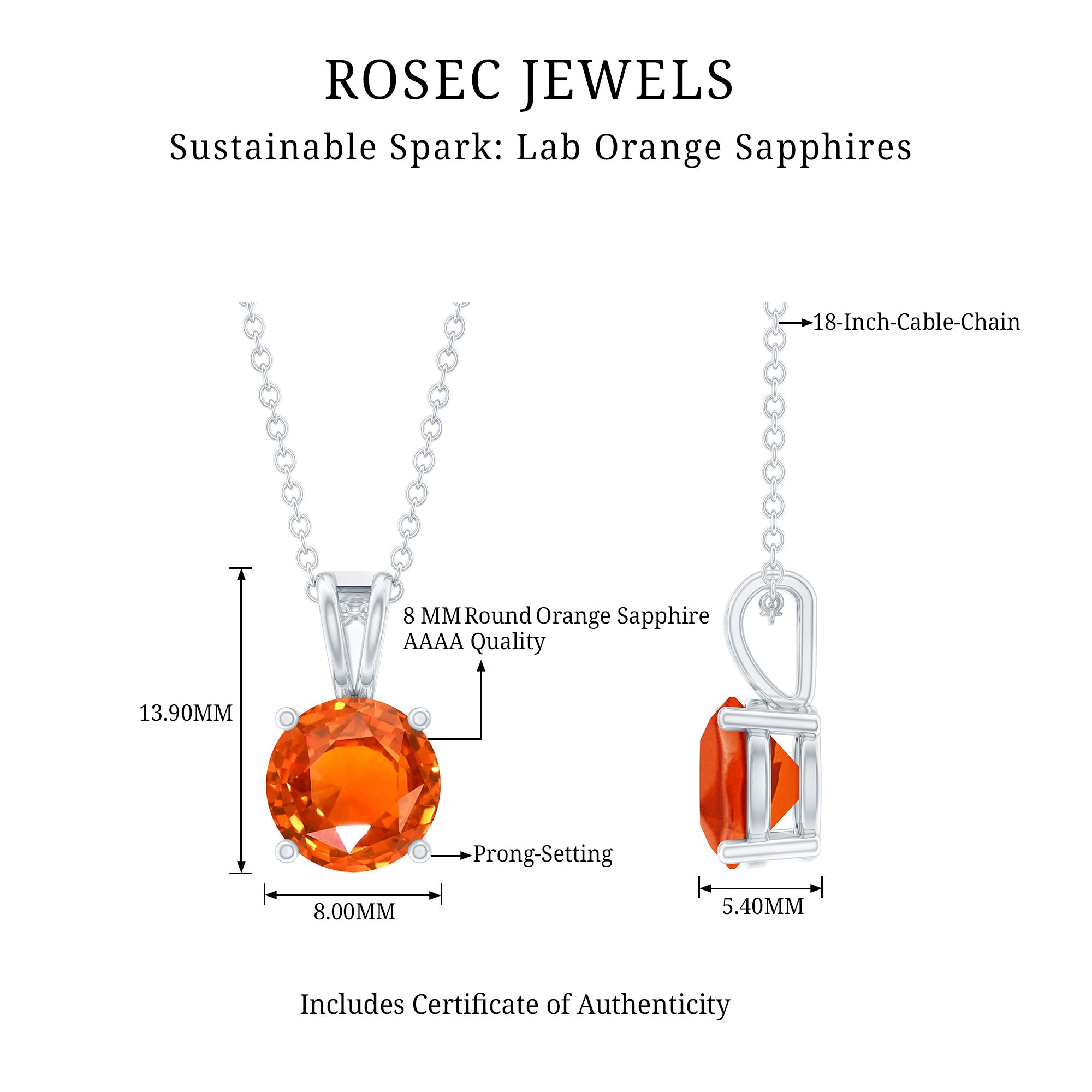 Lab Grown Orange Sapphire 2.25 Carat Necklace With Silver Chain AAAA 92.5 Sterling Silver - Rosec Jewels