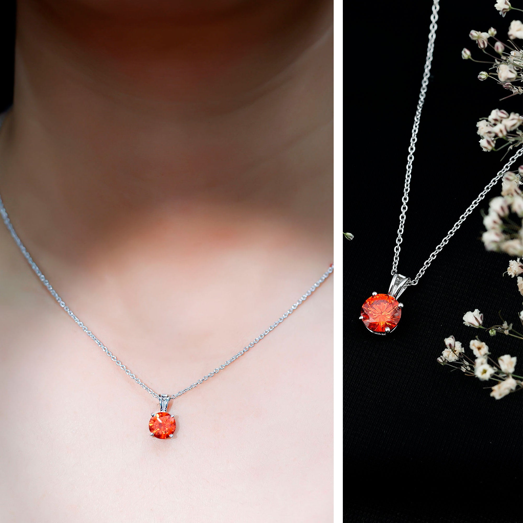 Lab Grown Orange Sapphire 2.25 Carat Necklace With Silver Chain AAAA 92.5 Sterling Silver - Rosec Jewels