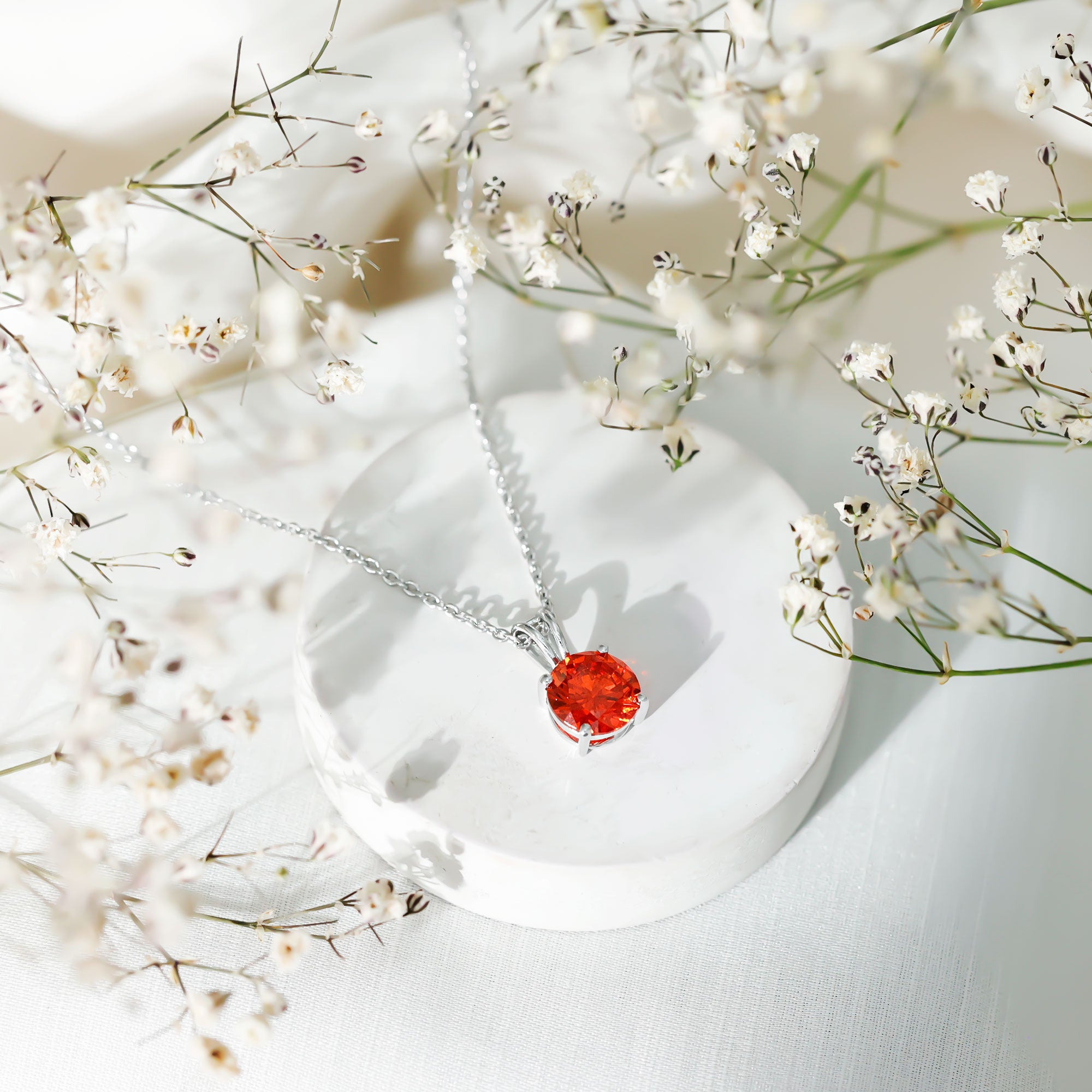 Lab Grown Orange Sapphire 2.25 Carat Necklace With Silver Chain AAAA 92.5 Sterling Silver - Rosec Jewels
