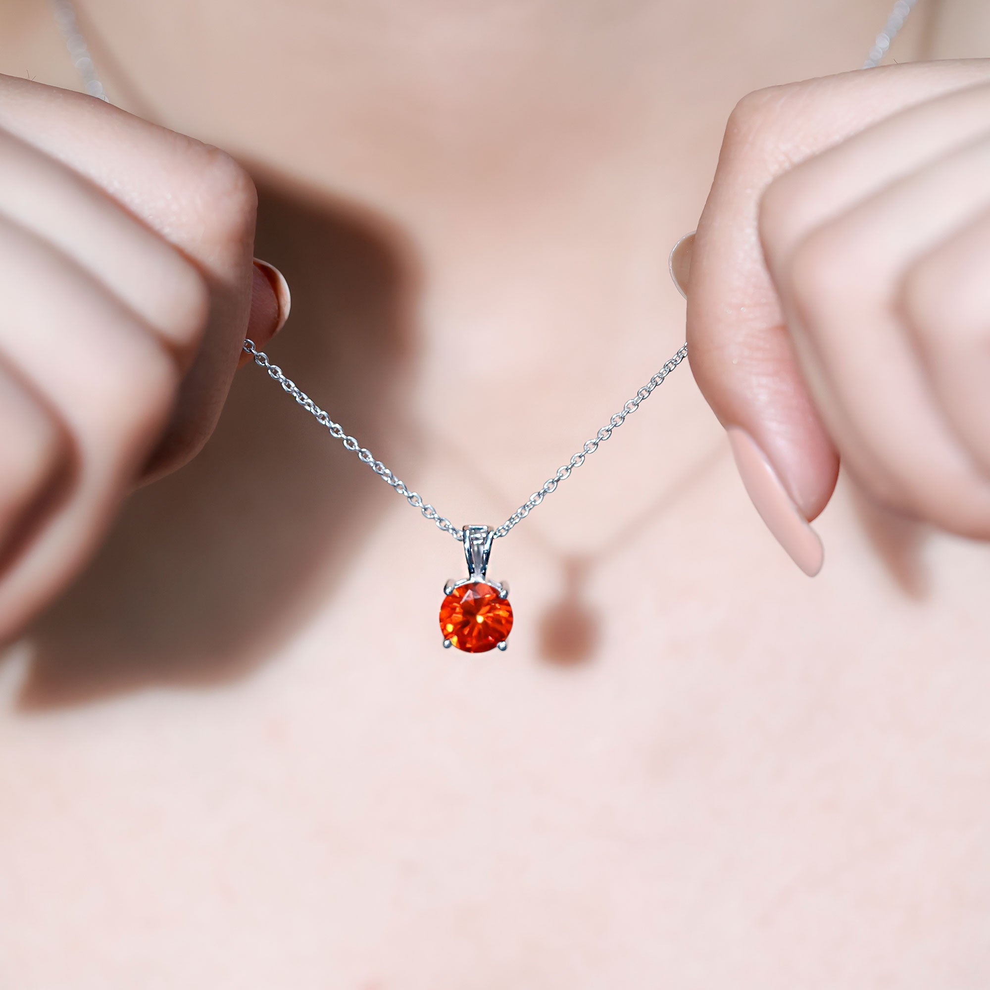 Lab Grown Orange Sapphire 2.25 Carat Necklace With Silver Chain AAAA 92.5 Sterling Silver - Rosec Jewels