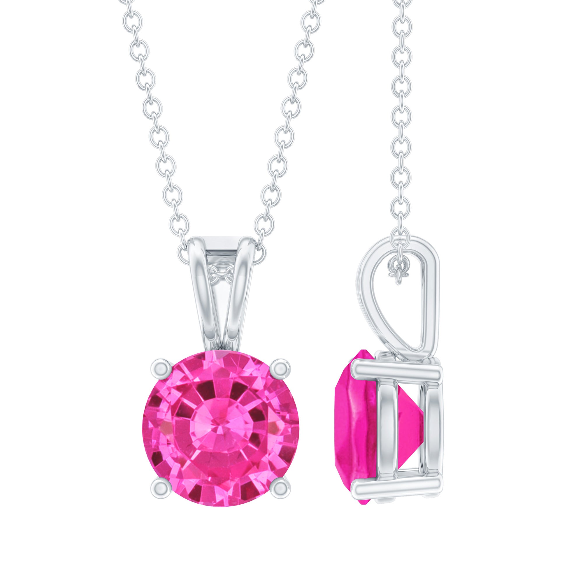 2 Carat Lab Grown Pink Sapphire Solitaire Necklace with Silver Chain AAAA 92.5 Sterling Silver - Rosec Jewels