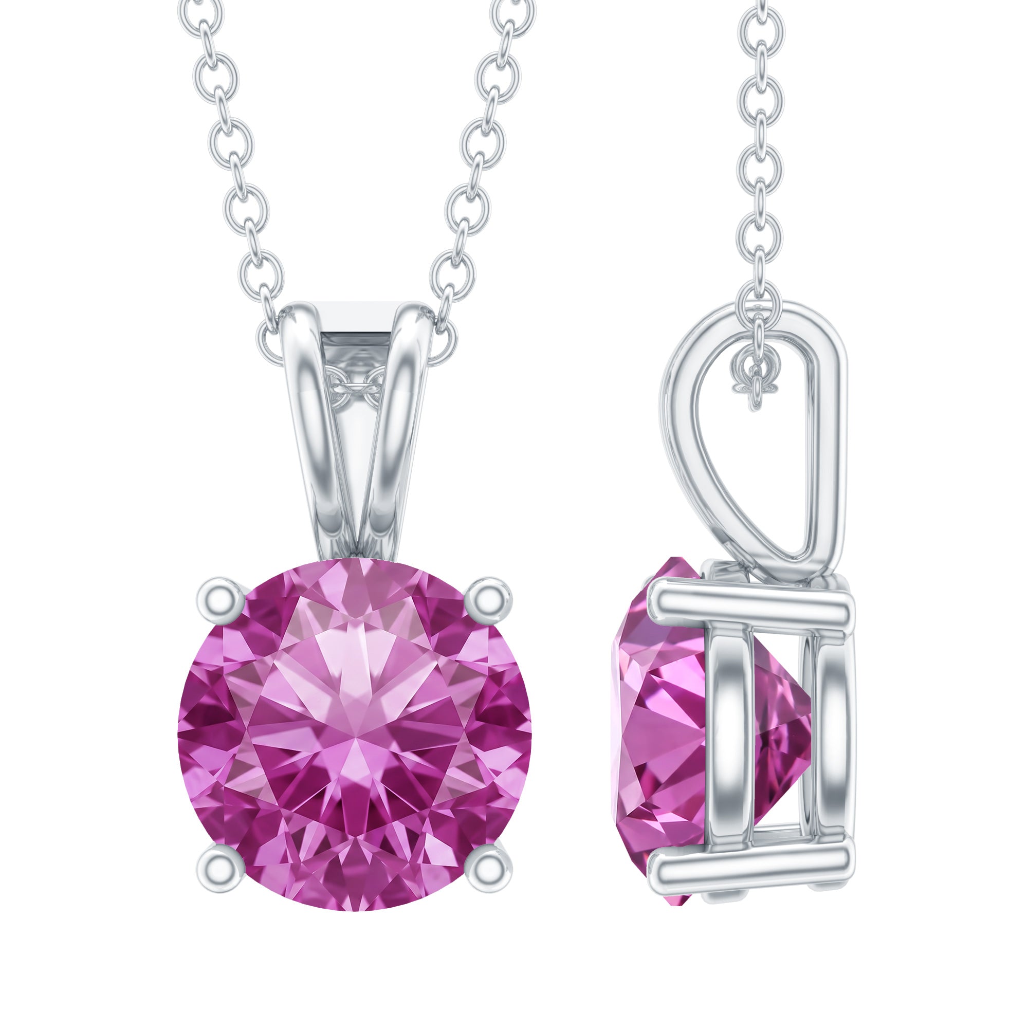 2 Carat Lab Grown Pink Sapphire Solitaire Necklace with Silver Chain AAAA 92.5 Sterling Silver - Rosec Jewels