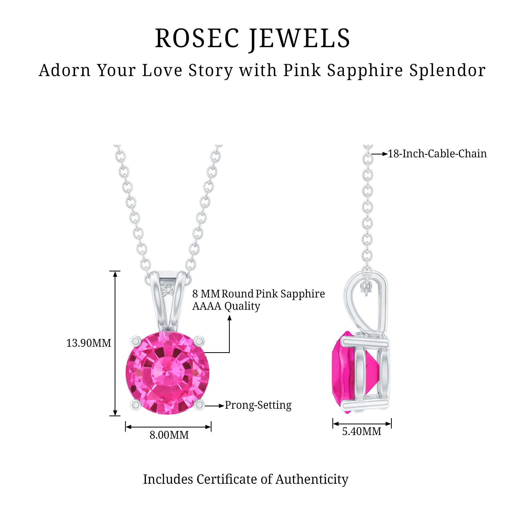 2 Carat Lab Grown Pink Sapphire Solitaire Necklace with Silver Chain AAAA 92.5 Sterling Silver - Rosec Jewels