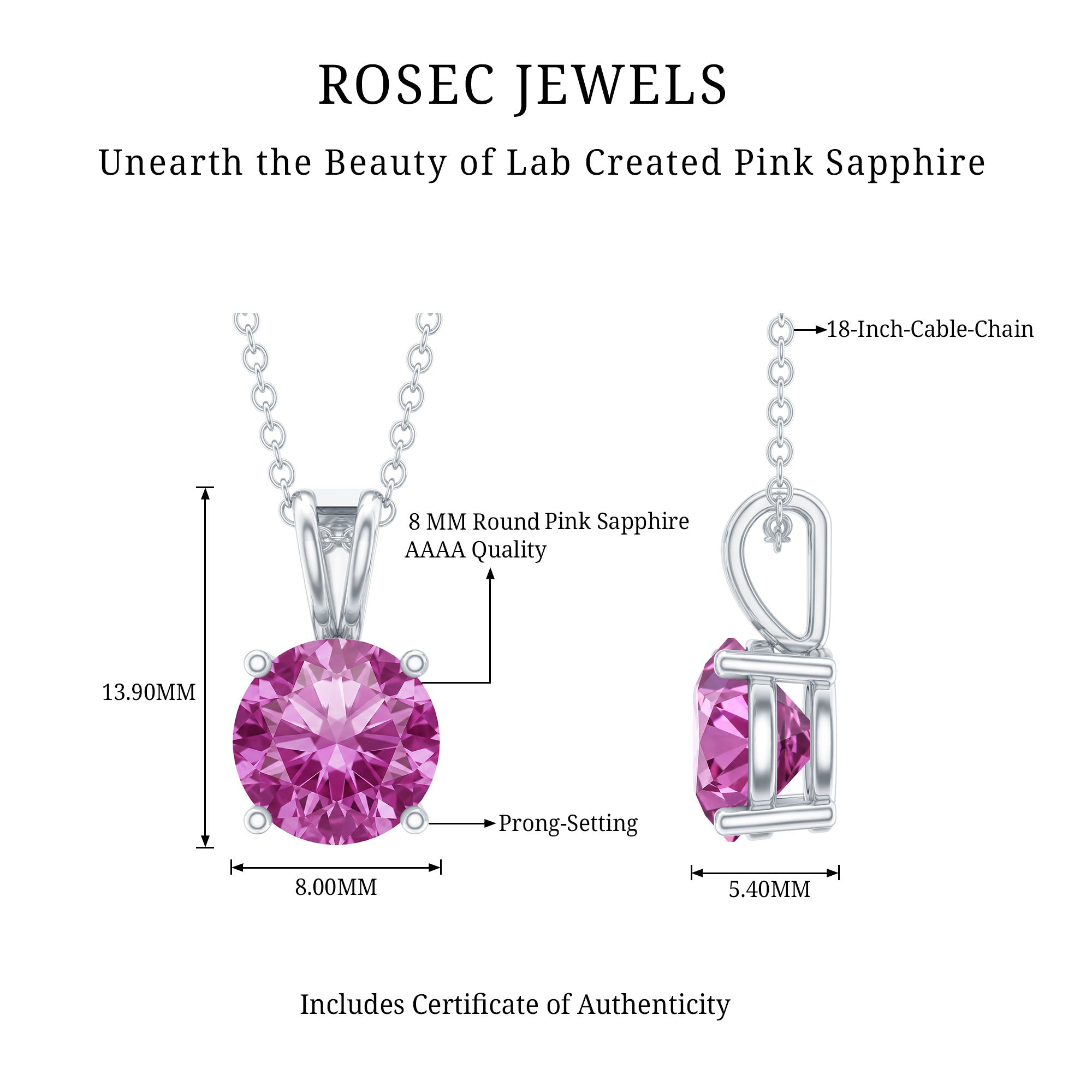 2 Carat Lab Grown Pink Sapphire Solitaire Necklace with Silver Chain AAAA 92.5 Sterling Silver - Rosec Jewels