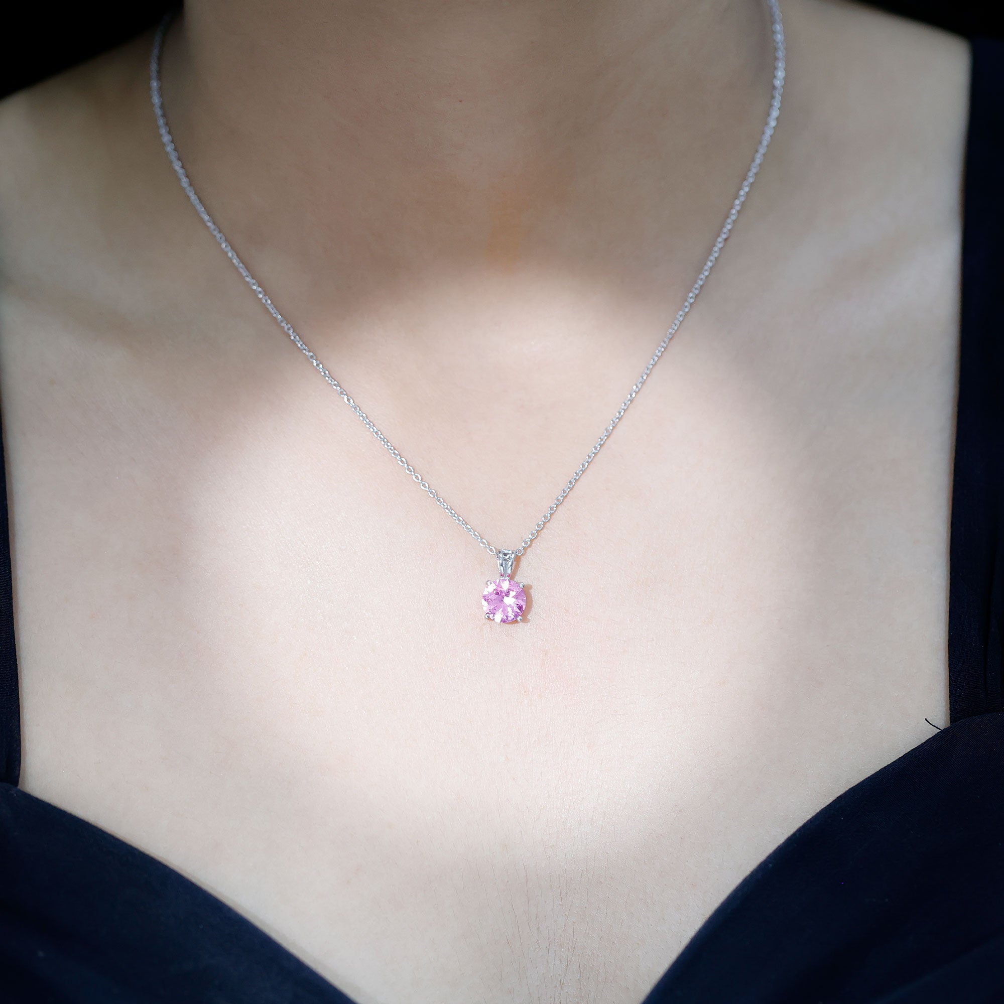 2 Carat Lab Grown Pink Sapphire Solitaire Necklace with Silver Chain AAAA 92.5 Sterling Silver - Rosec Jewels