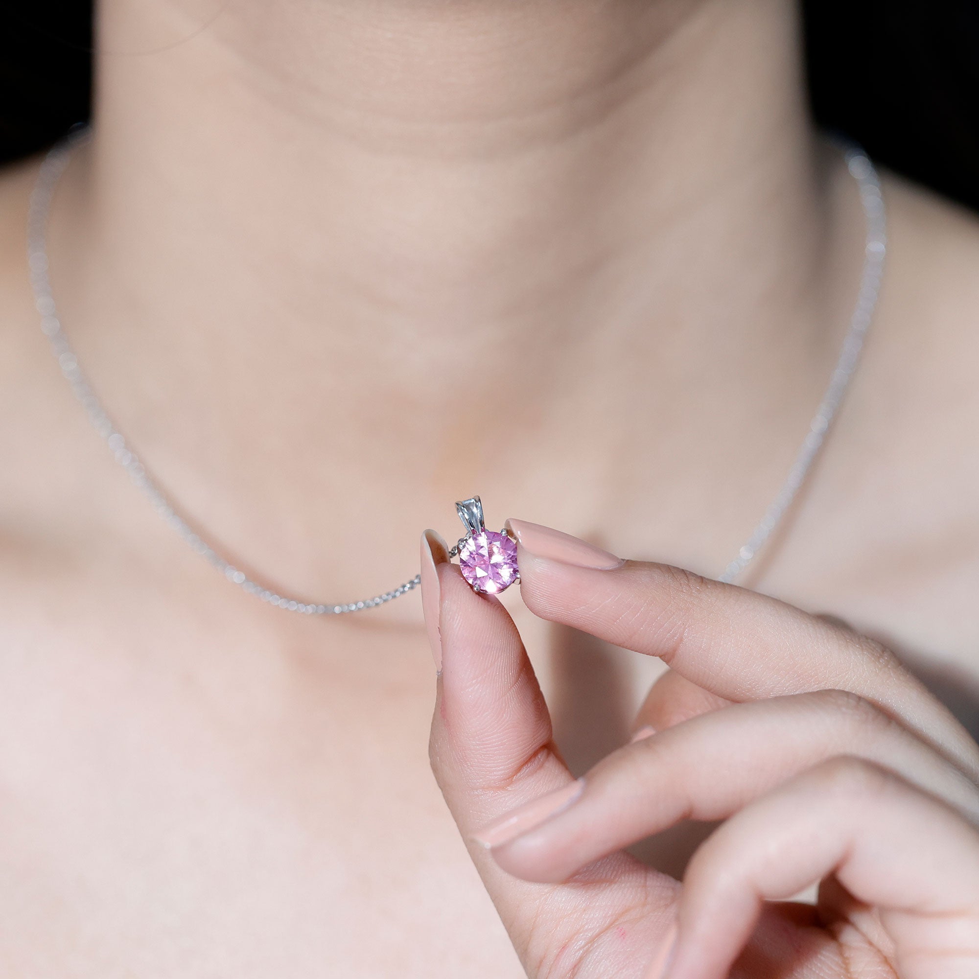 2 Carat Lab Grown Pink Sapphire Solitaire Necklace with Silver Chain AAAA 92.5 Sterling Silver - Rosec Jewels