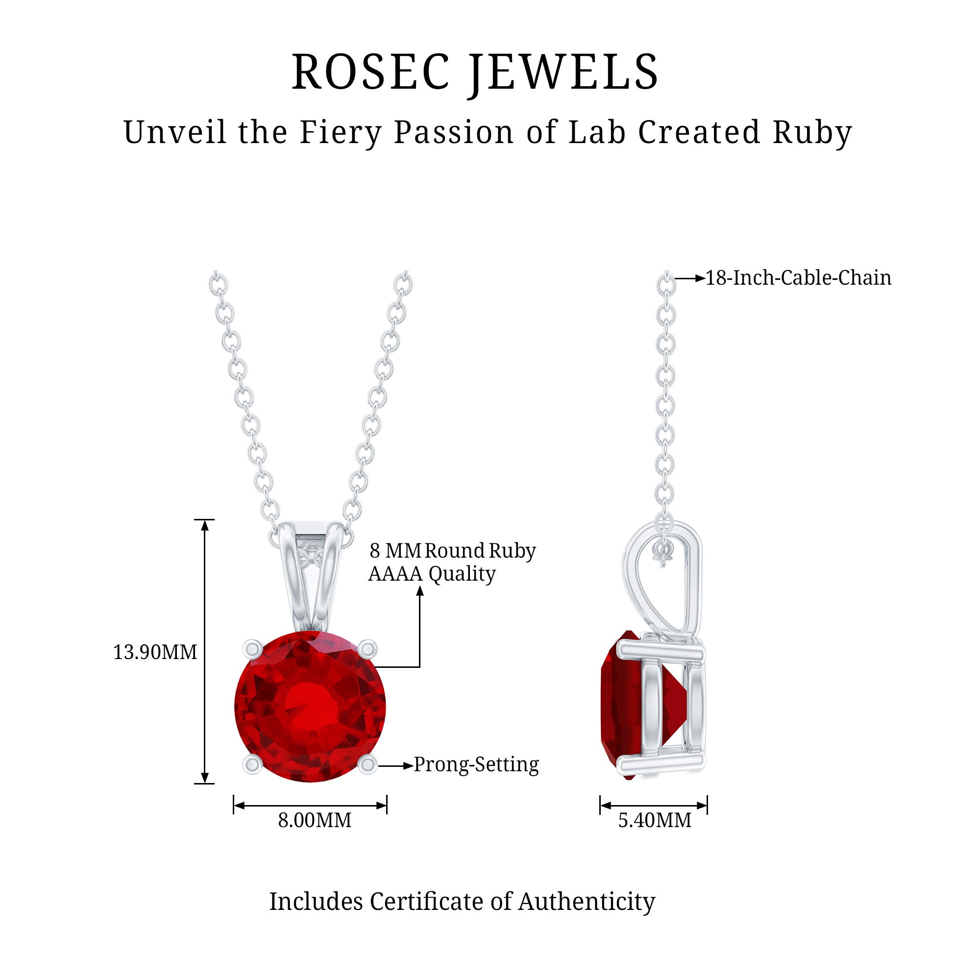 2 Carat Lab Grown Ruby Solitaire Pendant Necklace With Silver Chain AAAA 92.5 Sterling Silver - Rosec Jewels