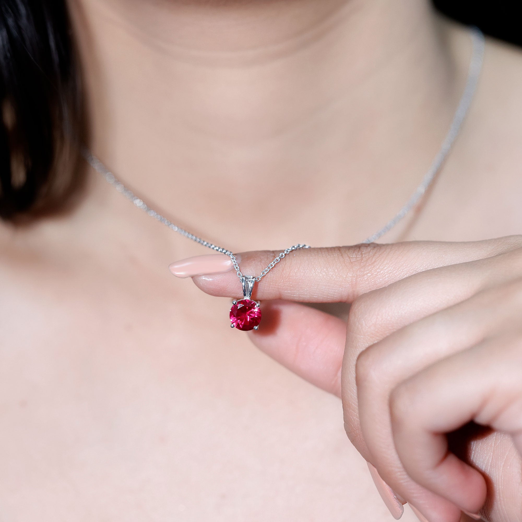 2 Carat Lab Grown Ruby Solitaire Pendant Necklace With Silver Chain AAAA 92.5 Sterling Silver - Rosec Jewels
