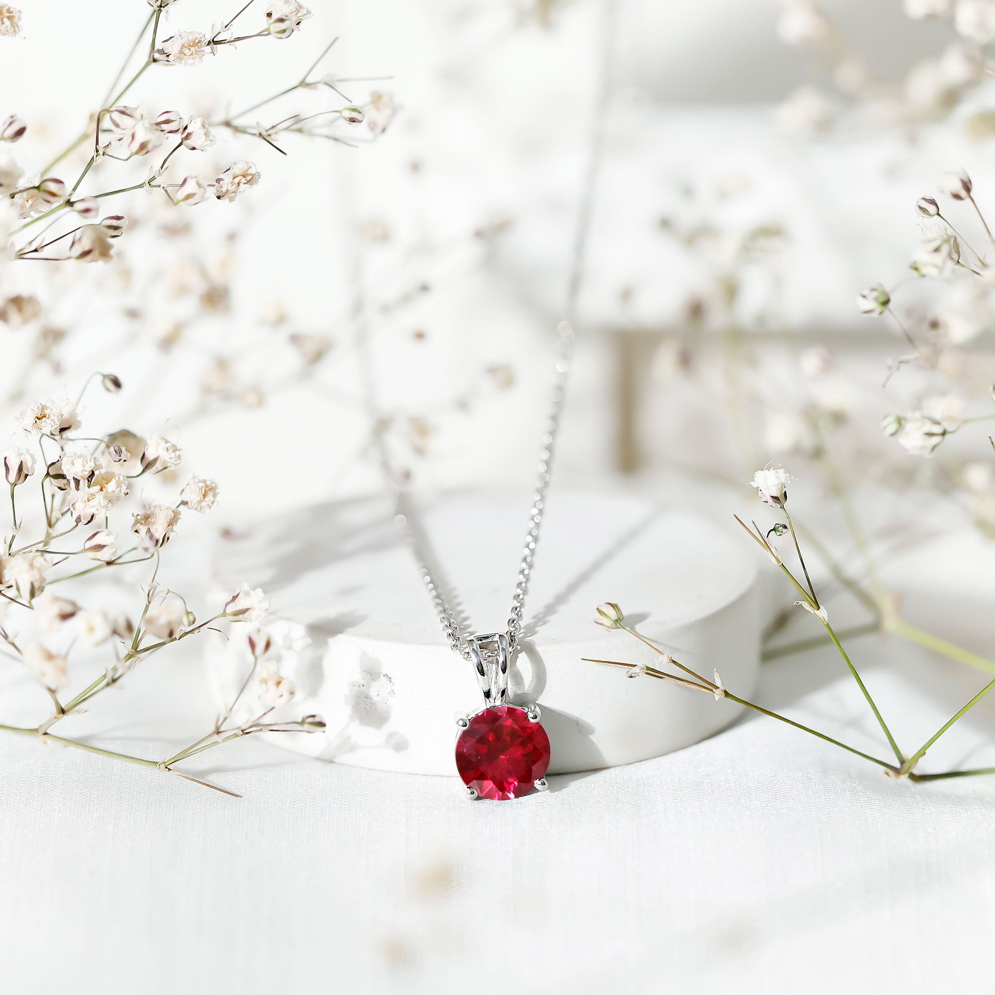 2 Carat Lab Grown Ruby Solitaire Pendant Necklace With Silver Chain AAAA 92.5 Sterling Silver - Rosec Jewels