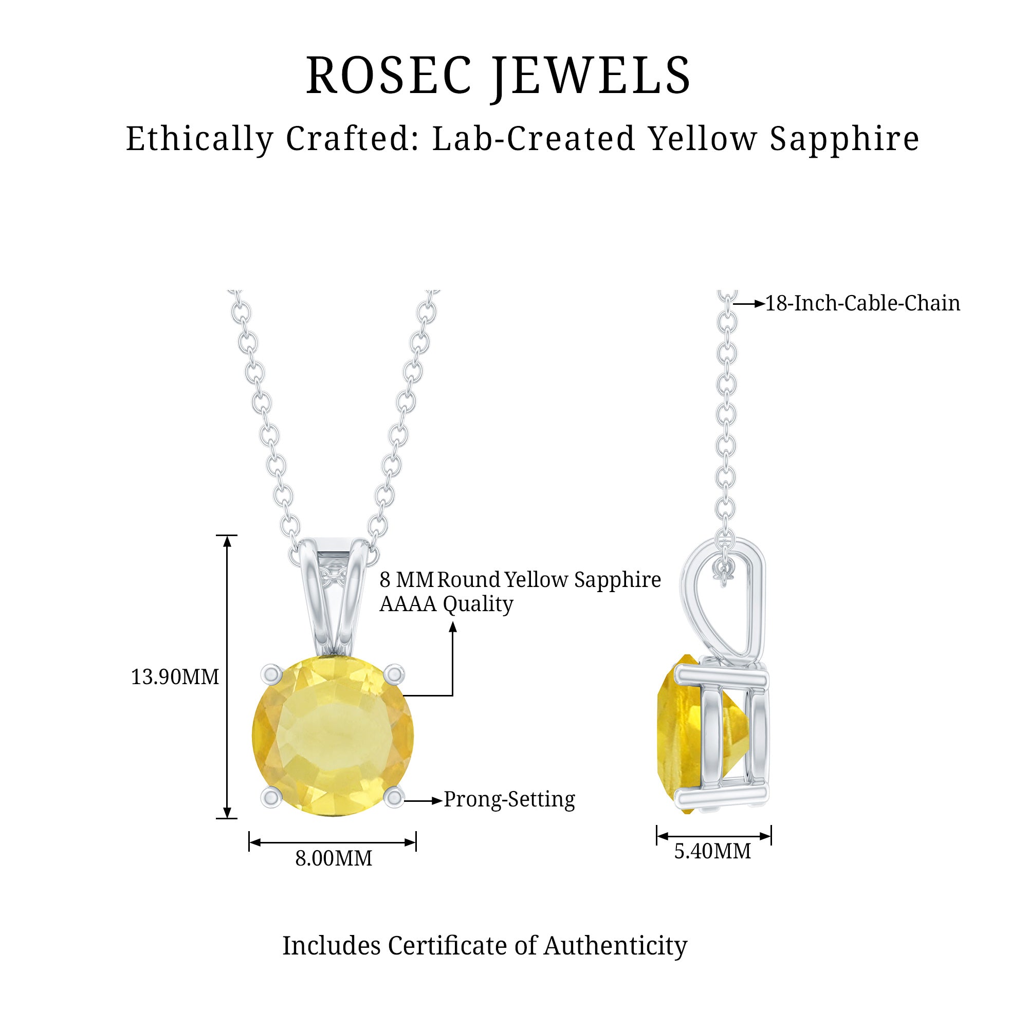 2 Carat Lab Grown Yellow Sapphire Solitaire Necklace with Silver Chain AAAA 92.5 Sterling Silver - Rosec Jewels