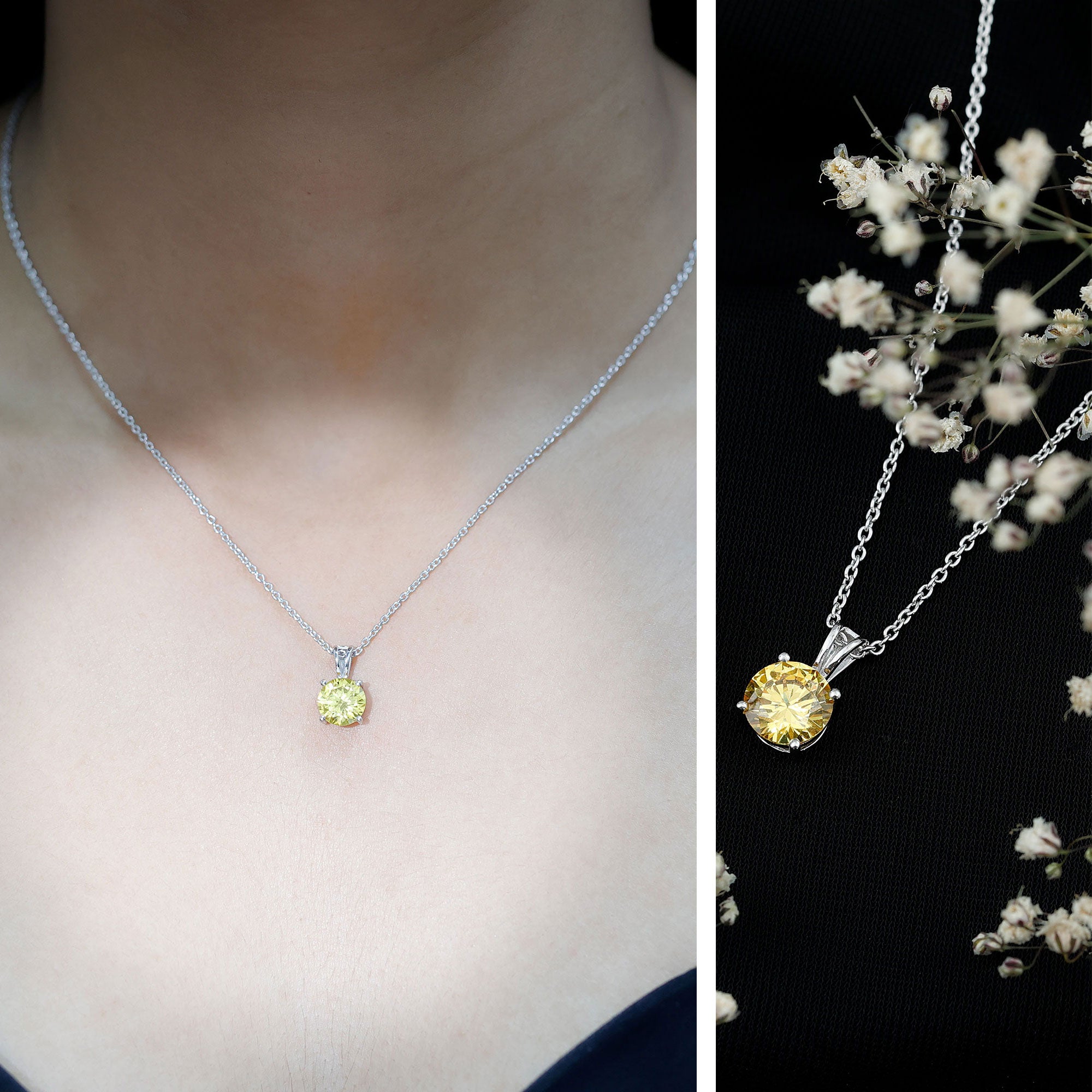 2 Carat Lab Grown Yellow Sapphire Solitaire Necklace with Silver Chain AAAA 92.5 Sterling Silver - Rosec Jewels