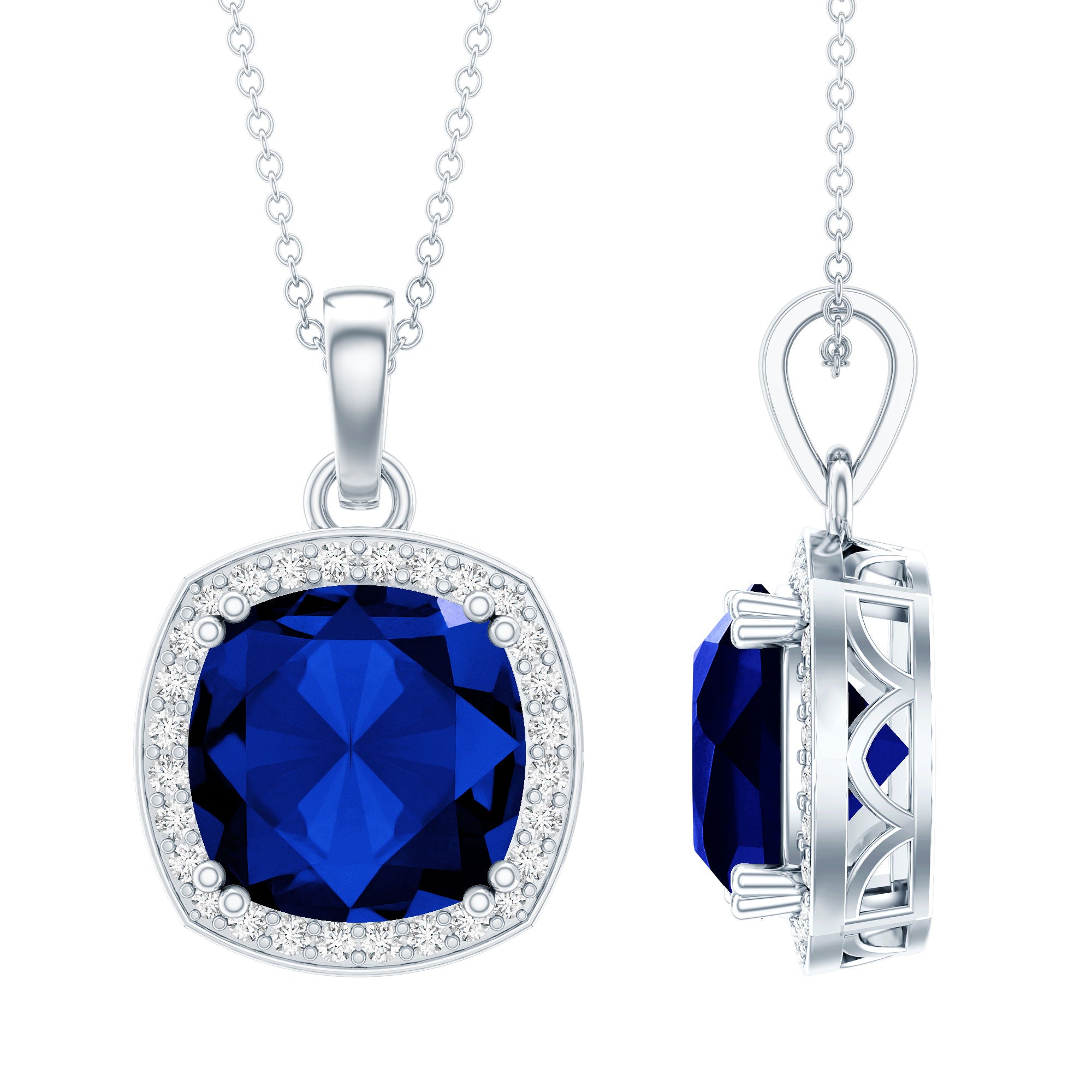 Certified 12 MM Cushion Lab Grown Blue Sapphire Halo Necklace