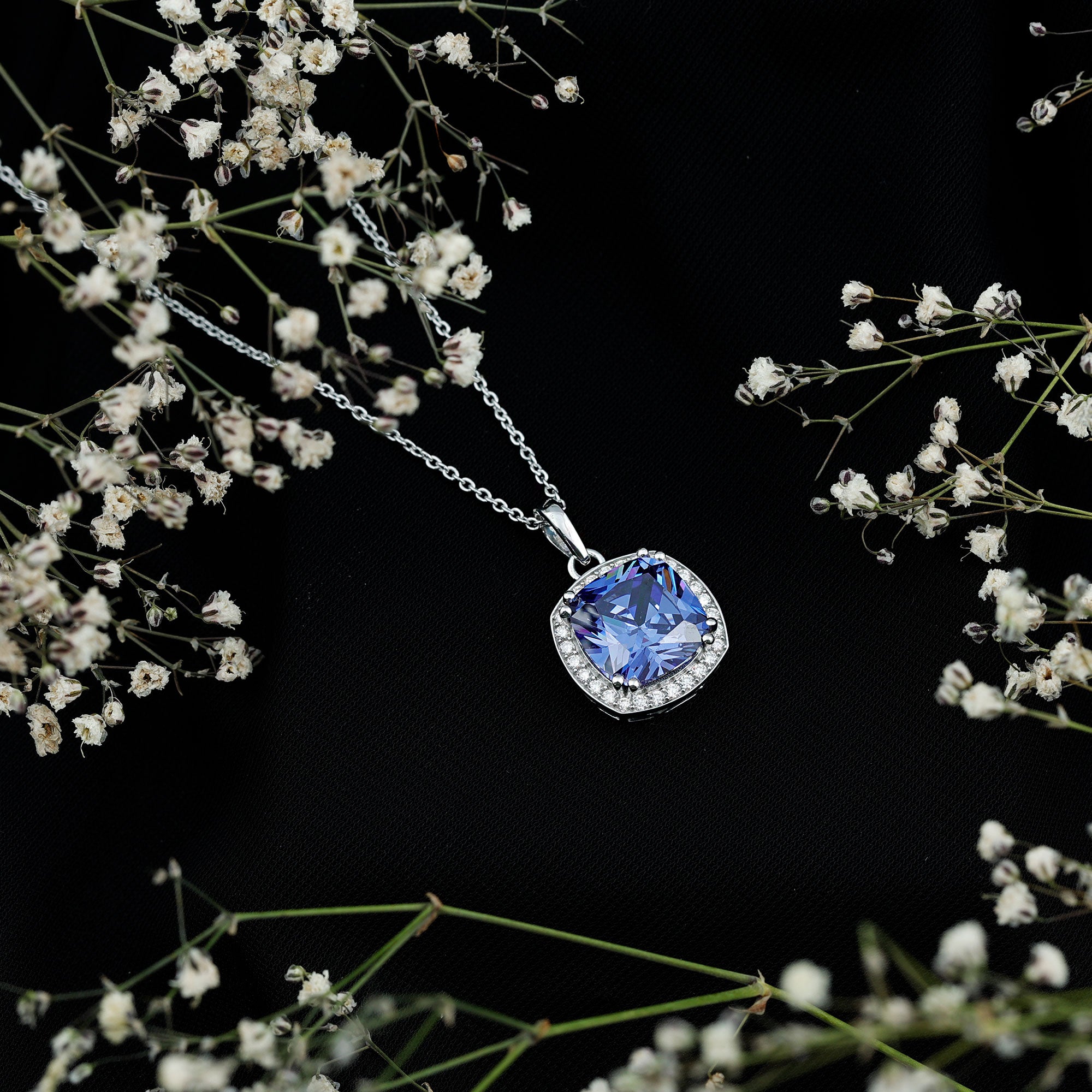 9 Carat Cushion Cut Lab Created Blue Sapphire Cocktail Necklace AAAA 92.5 Sterling Silver - Rosec Jewels