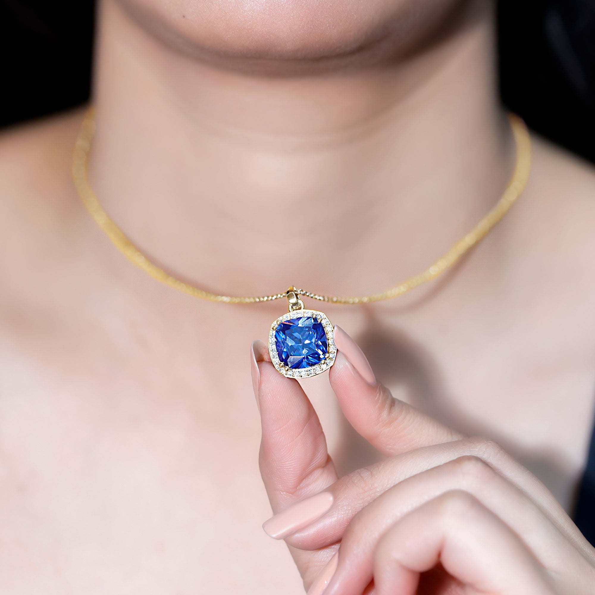 Rosec Jewels-Certified 12 MM Cushion Lab Grown Blue Sapphire Halo Necklace