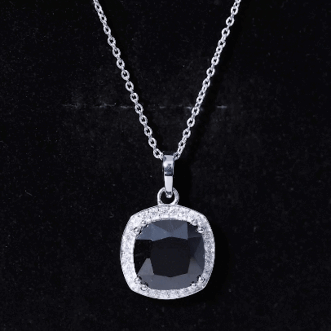 6 Carat Cushion Cut Lab Grown Black Diamond Halo Necklace with Silver Chain AAAA ( Synthetic ) 92.5 Sterling Silver - Rosec Jewels