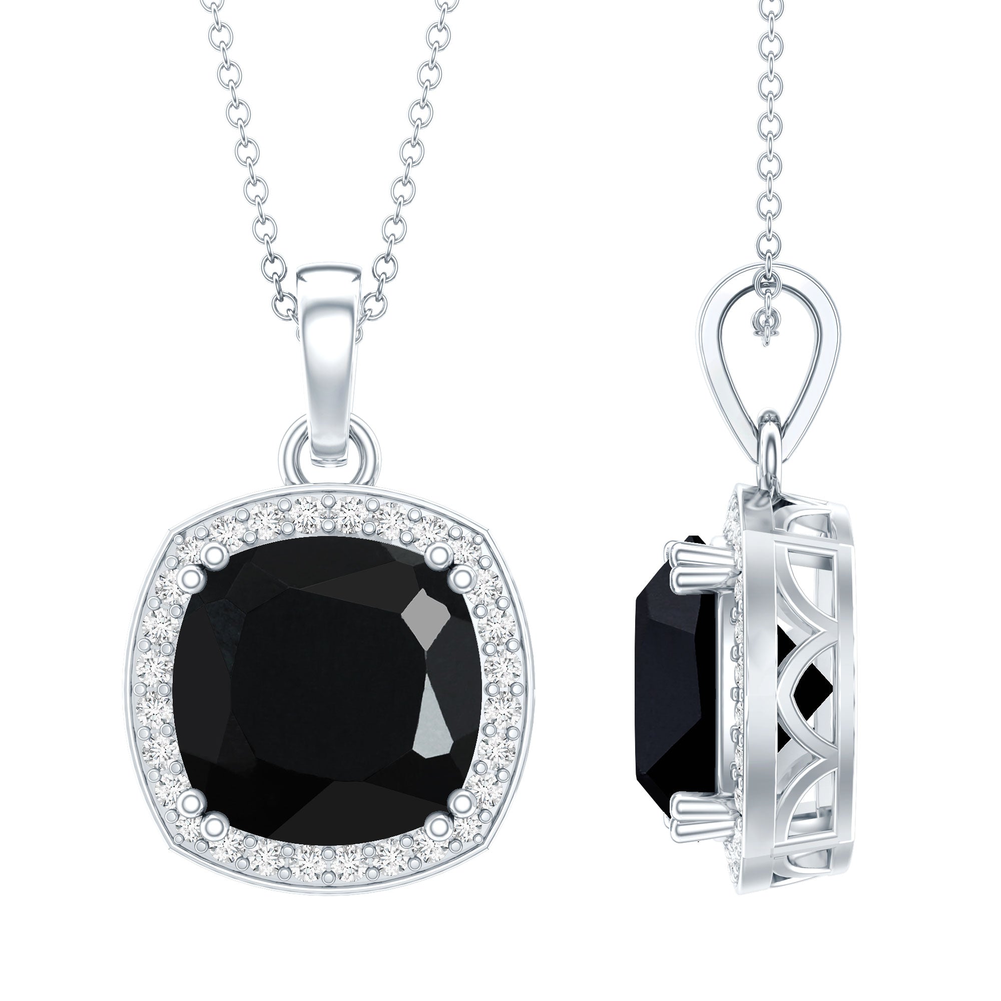 6 Carat Cushion Cut Lab Grown Black Diamond Halo Necklace with Silver Chain AAAA ( Synthetic ) 92.5 Sterling Silver - Rosec Jewels