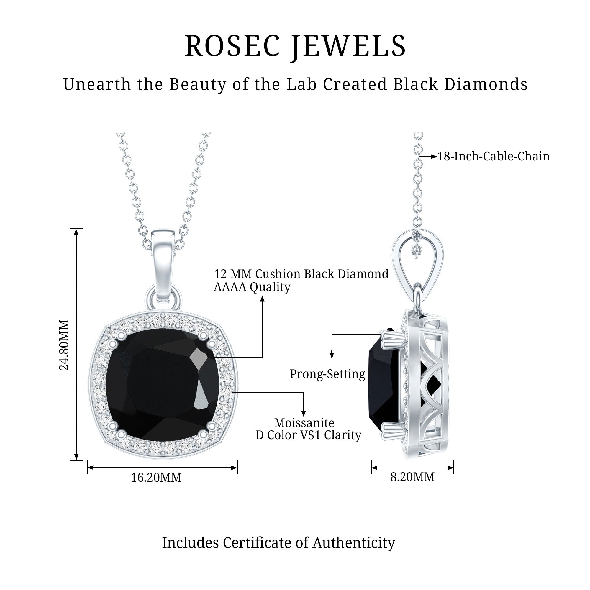 6 Carat Cushion Cut Lab Grown Black Diamond Halo Necklace with Silver Chain AAAA ( Synthetic ) 92.5 Sterling Silver - Rosec Jewels