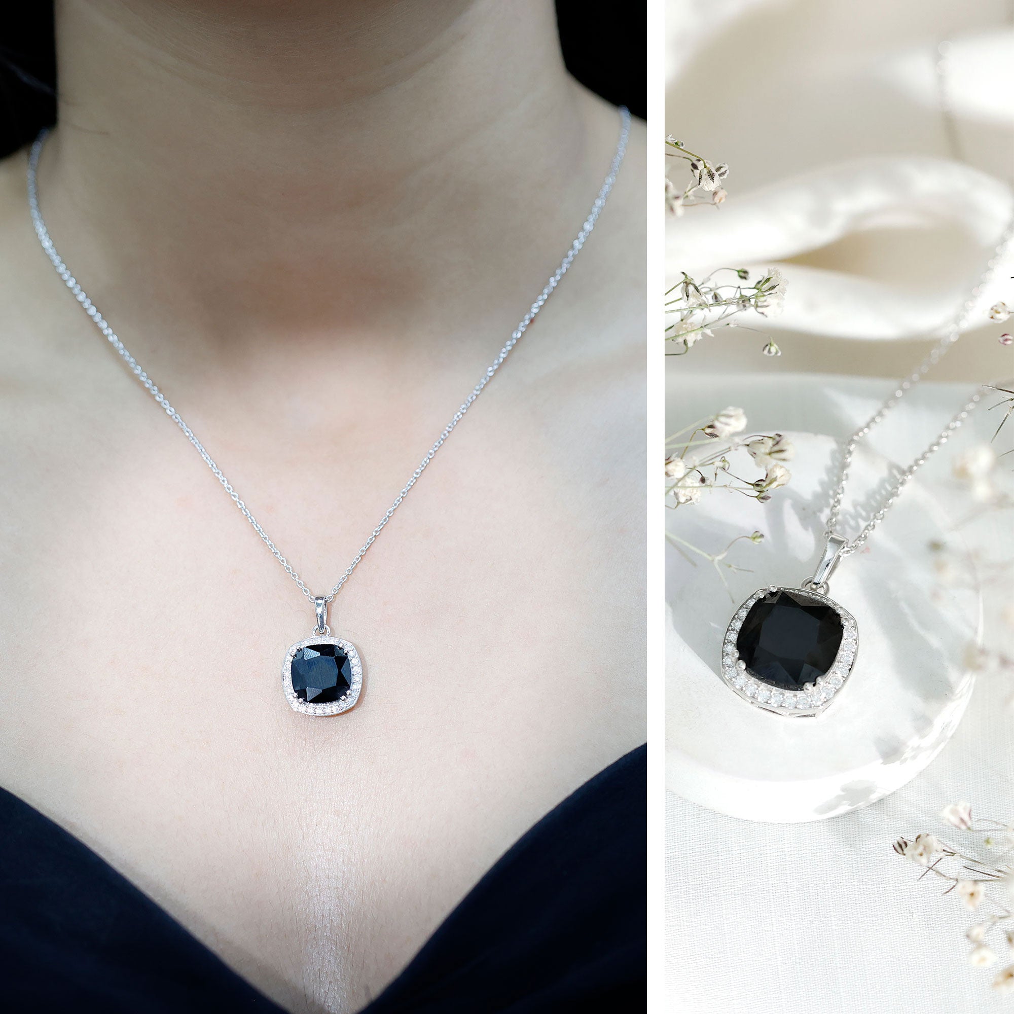6 Carat Cushion Cut Lab Grown Black Diamond Halo Necklace with Silver Chain AAAA ( Synthetic ) 92.5 Sterling Silver - Rosec Jewels