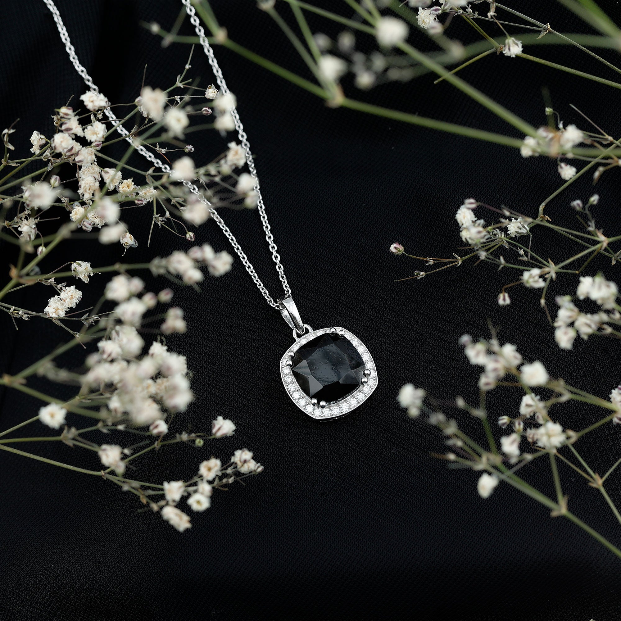 6 Carat Cushion Cut Lab Grown Black Diamond Halo Necklace with Silver Chain AAAA ( Synthetic ) 92.5 Sterling Silver - Rosec Jewels