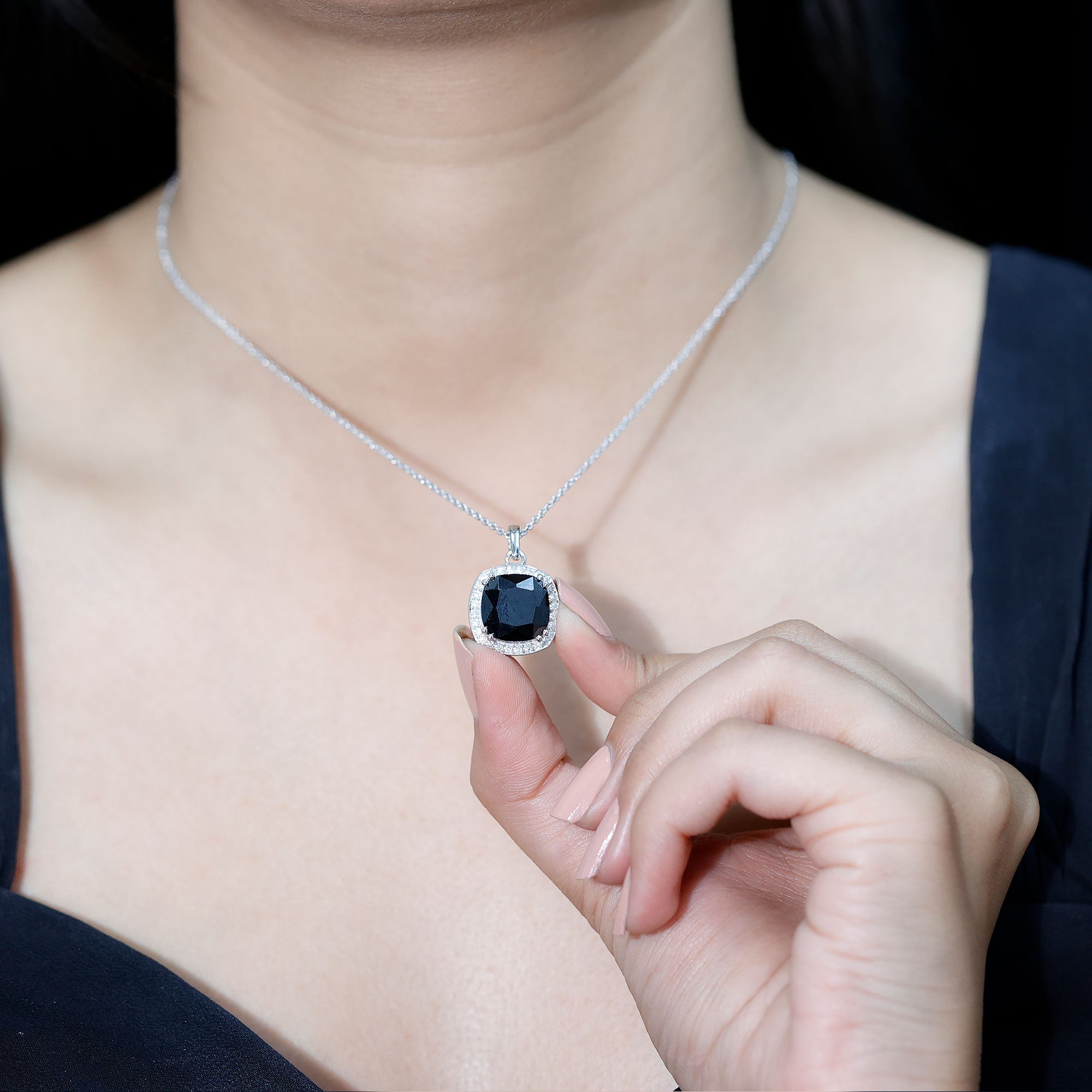 6 Carat Cushion Cut Lab Grown Black Diamond Halo Necklace with Silver Chain AAAA ( Synthetic ) 92.5 Sterling Silver - Rosec Jewels
