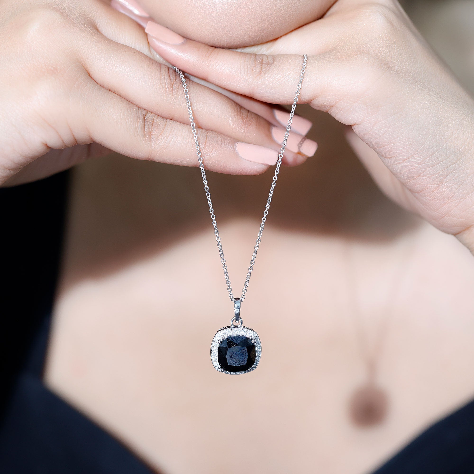 6 Carat Cushion Cut Lab Grown Black Diamond Halo Necklace with Silver Chain AAAA ( Synthetic ) 92.5 Sterling Silver - Rosec Jewels