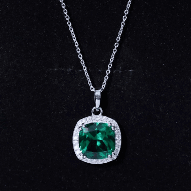 9 Carat Lab Grown Emerald Statement Necklace with Moissanite Halo AAAA 92.5 Sterling Silver - Rosec Jewels