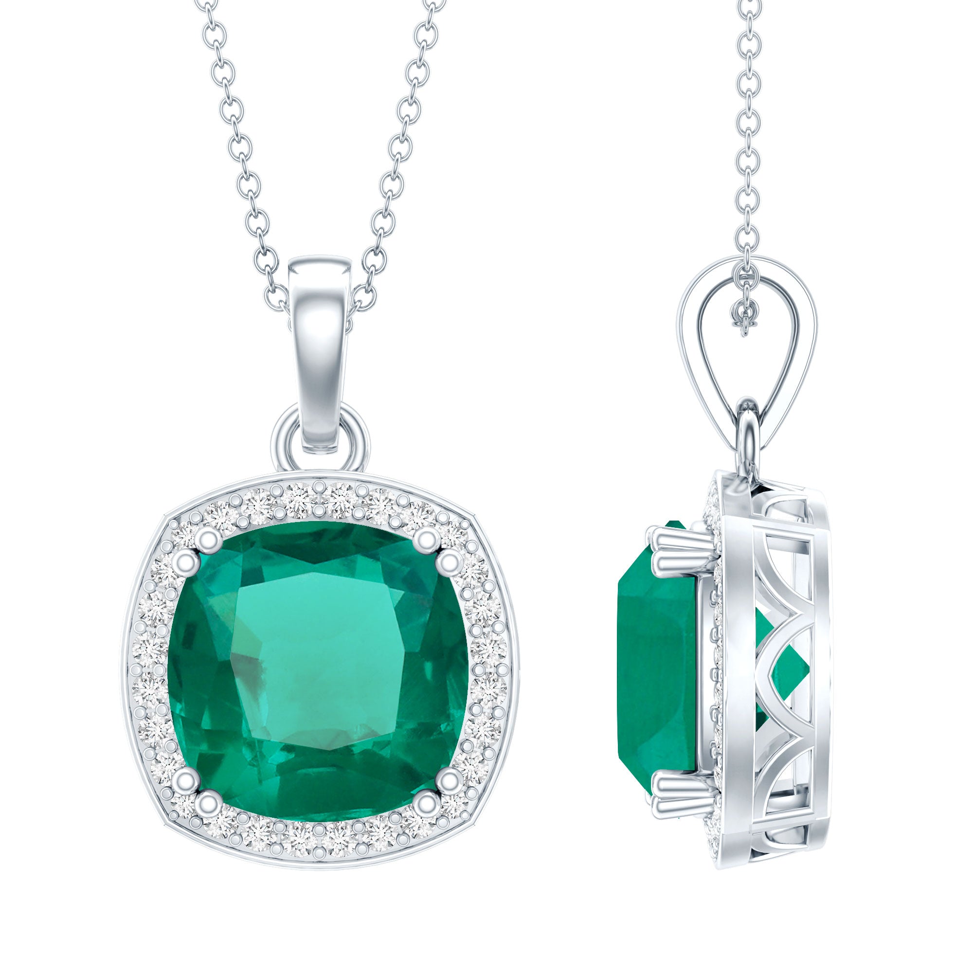 9 Carat Lab Grown Emerald Statement Necklace with Moissanite Halo AAAA 92.5 Sterling Silver - Rosec Jewels