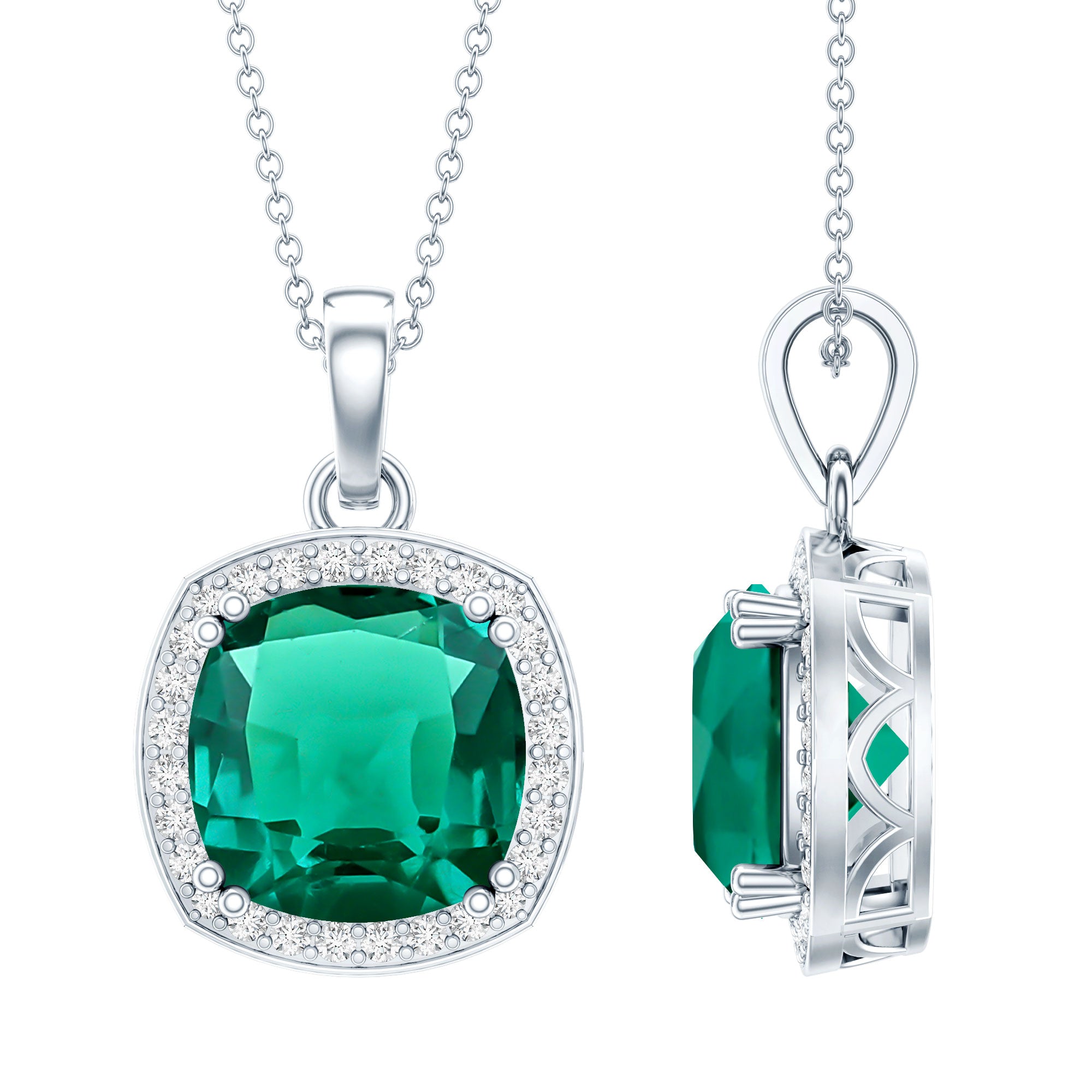 9 Carat Lab Grown Emerald Statement Necklace with Moissanite Halo AAAA 92.5 Sterling Silver - Rosec Jewels